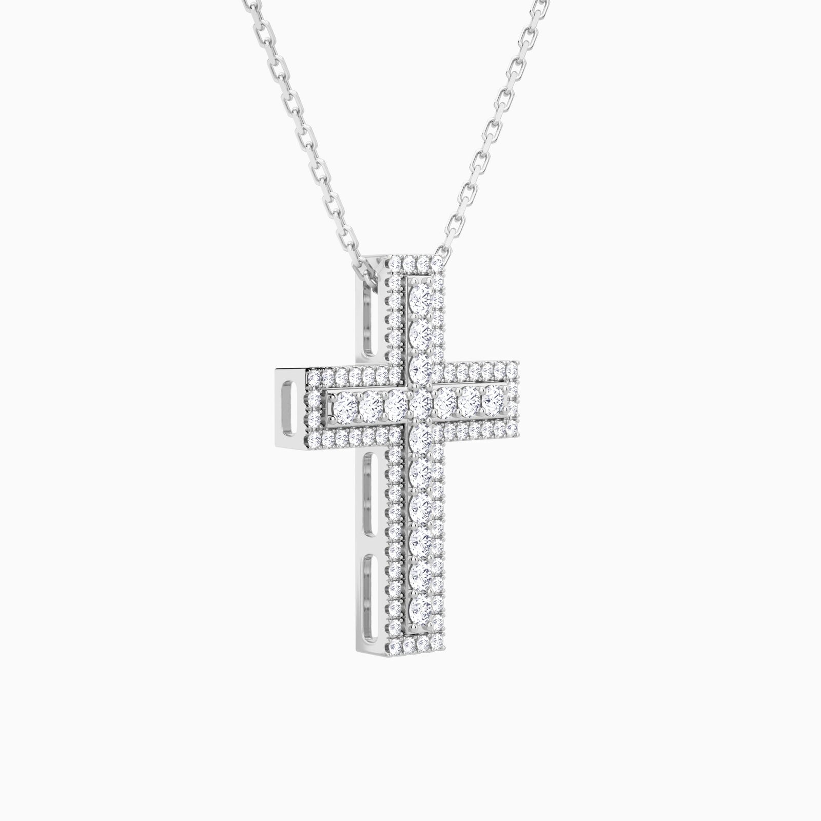 Lab Grown Diamond Pavé Edge Cross Pendant Necklace In 14K White Gold - Front Angle View