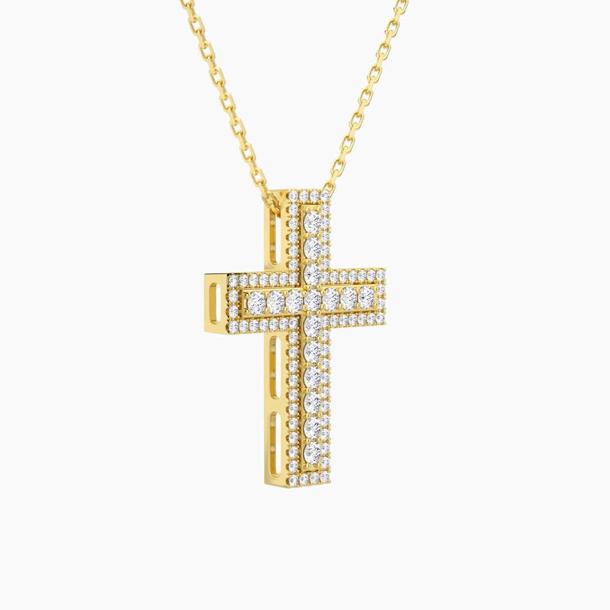 Lab Grown Diamond Pavé Edge Cross Pendant Necklace In 18K Yellow Gold - Front Angle View