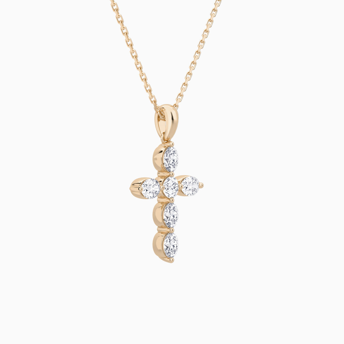 Oval and Round Lab Grown Diamond Cross Necklace In 14K Rose Gold - Front Angle View