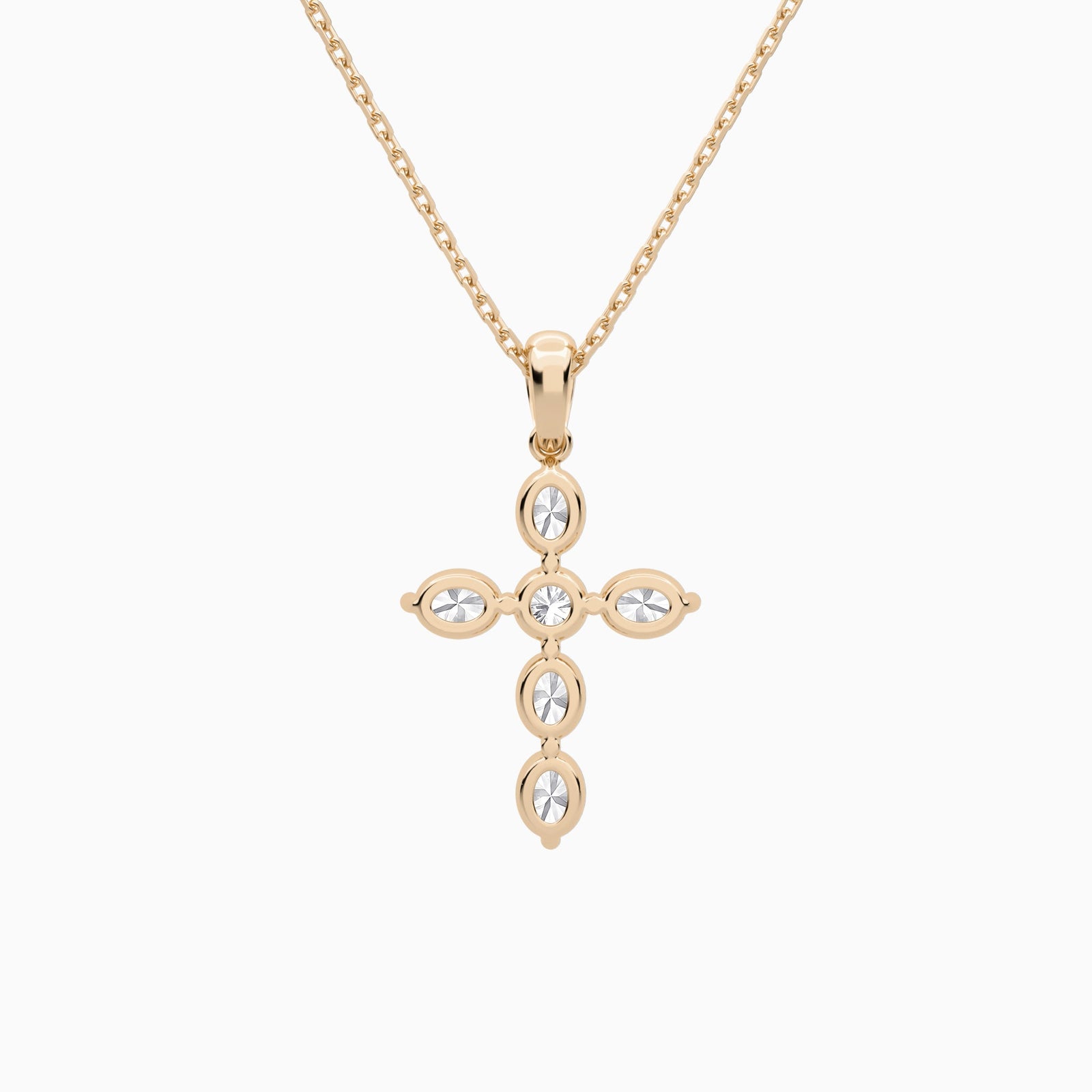 Oval and Round Lab Grown Diamond Cross Necklace In 14K Rose Gold - Back View