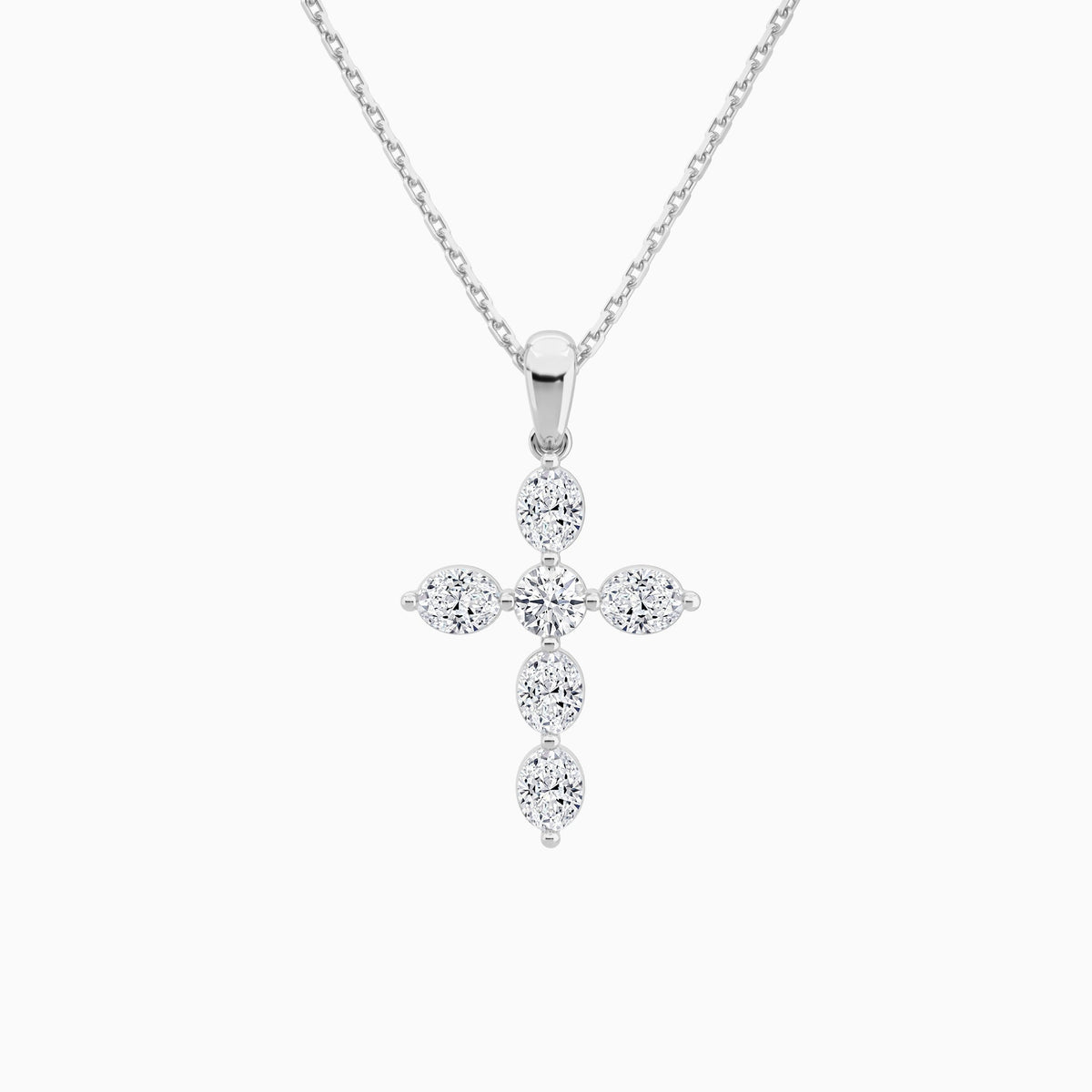 Oval and Round Lab Grown Diamond Cross Necklace In 18K White Gold - Lucenjuri
