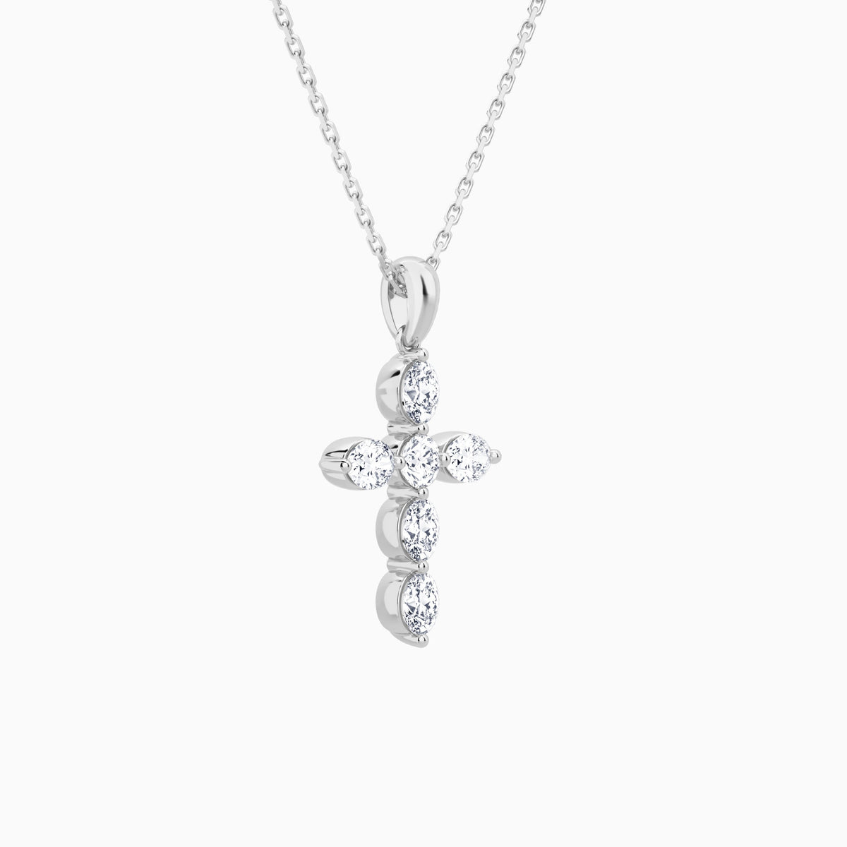 Oval and Round Lab Grown Diamond Cross Necklace In 18K White Gold - Front Angle View