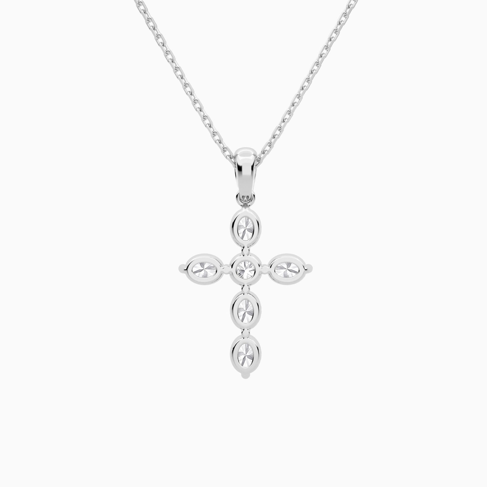 Oval and Round Lab Grown Diamond Cross Necklace In 18K White Gold - Back View
