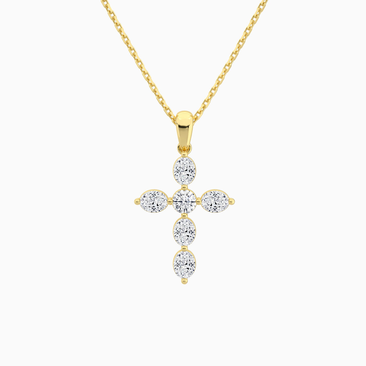 Oval and Round Lab Grown Diamond Cross Necklace In 14K Yellow Gold - Lucenjuri