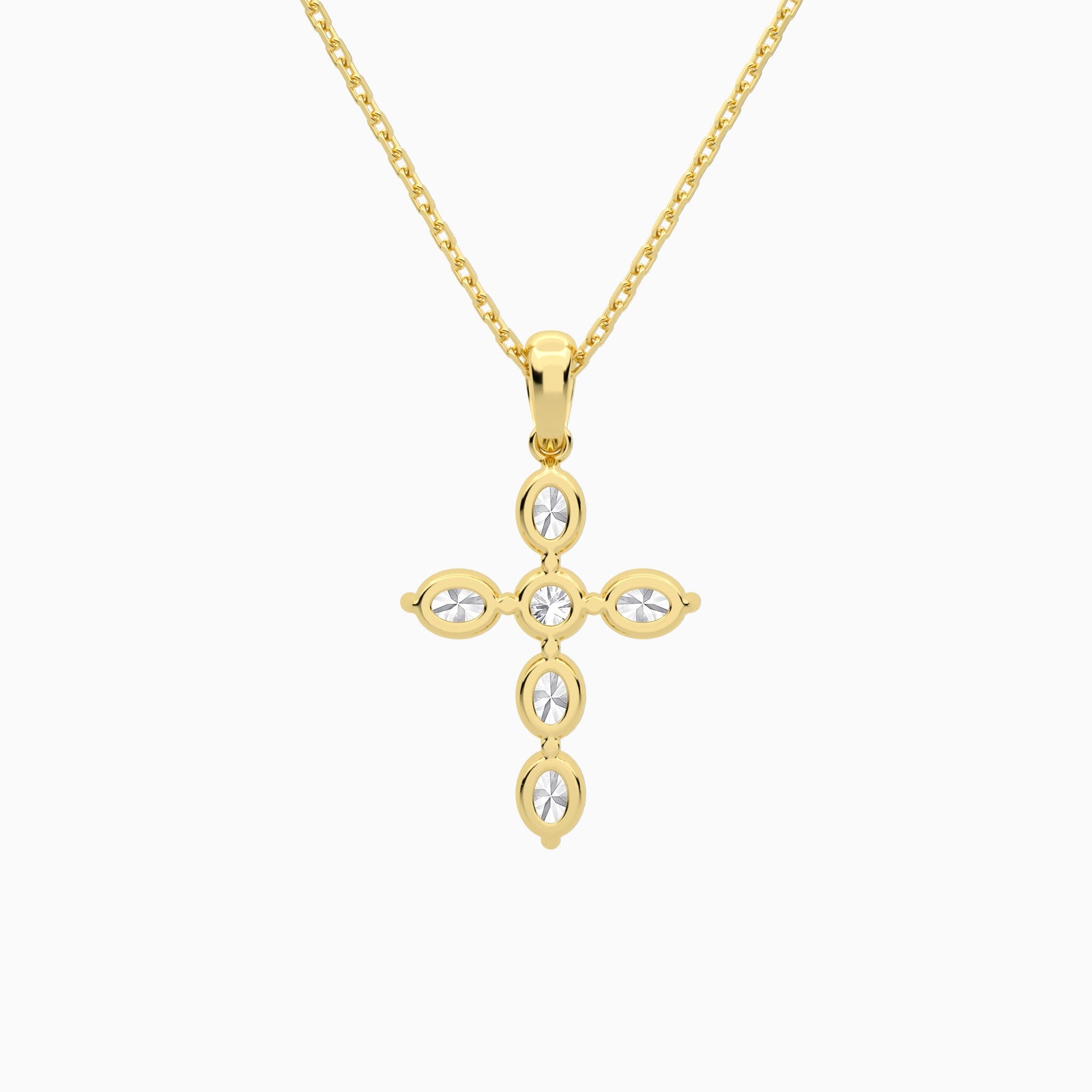 Oval and Round Lab Grown Diamond Cross Necklace In 18K Yellow Gold - Back View