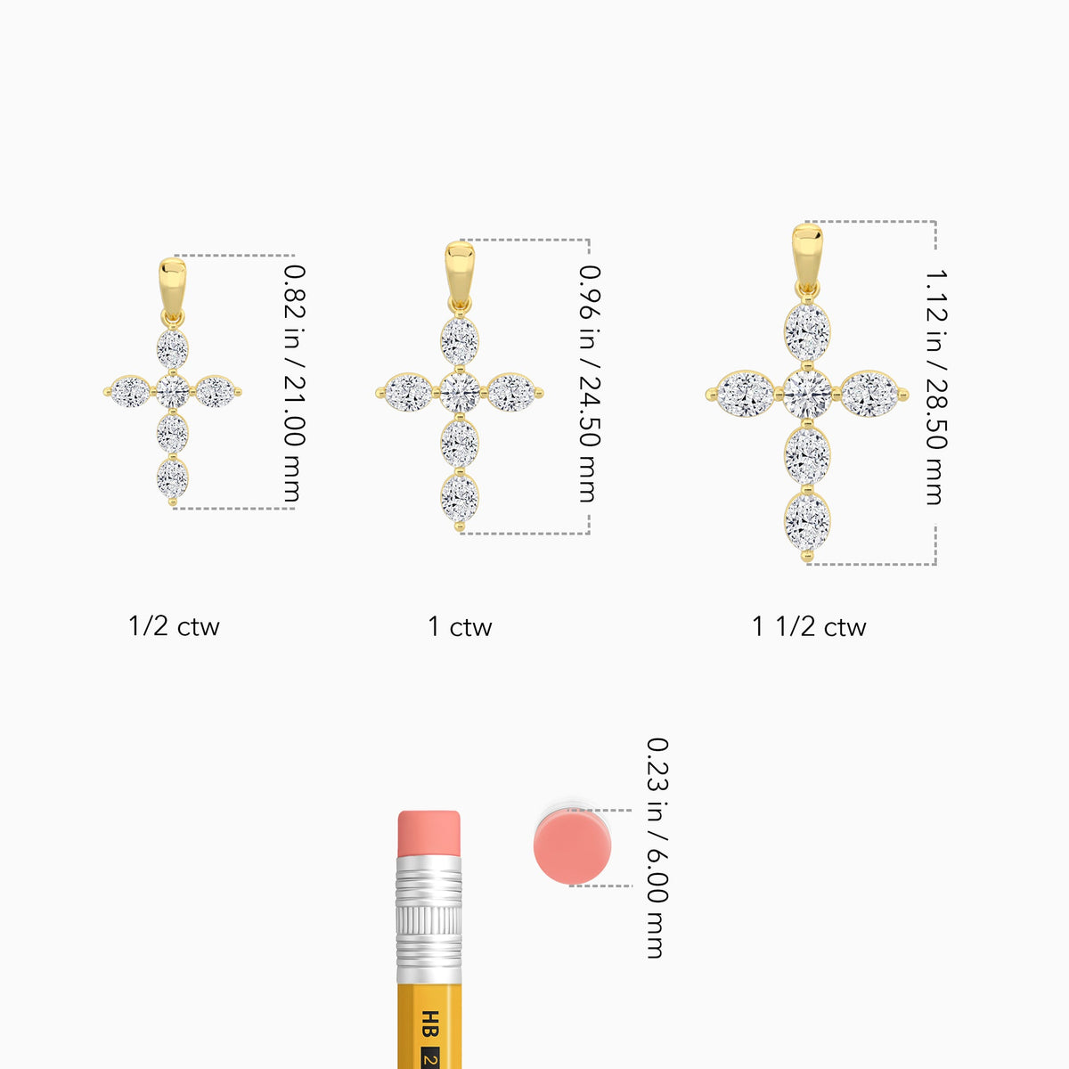 Oval and Round Lab Grown Diamond Cross Necklace In 18K Yellow Gold - Size Comparison