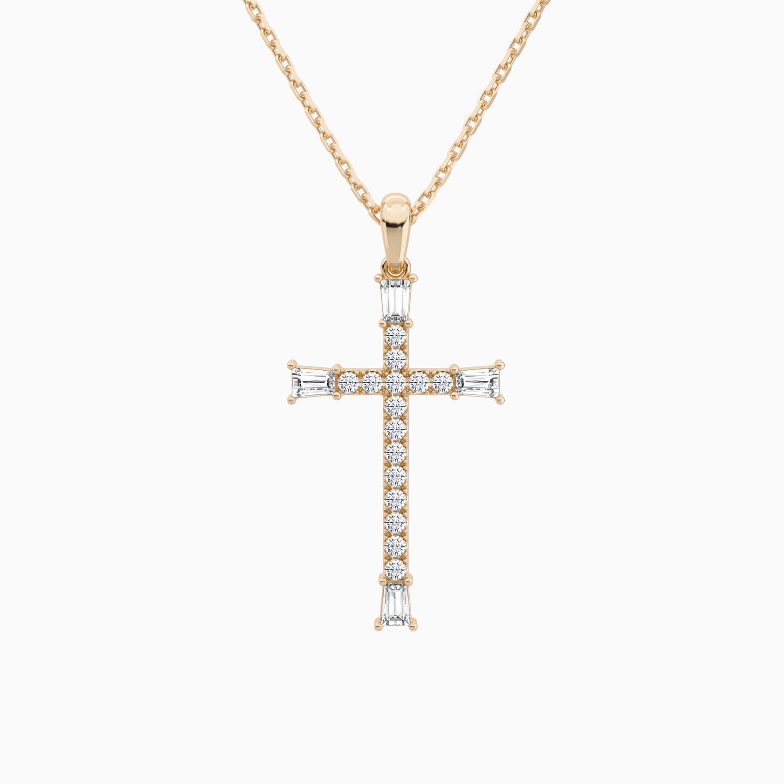 Tapered Baguette and Round Lab Grown Diamond Cross Pendant In 14K Rose Gold - Lucenjuri