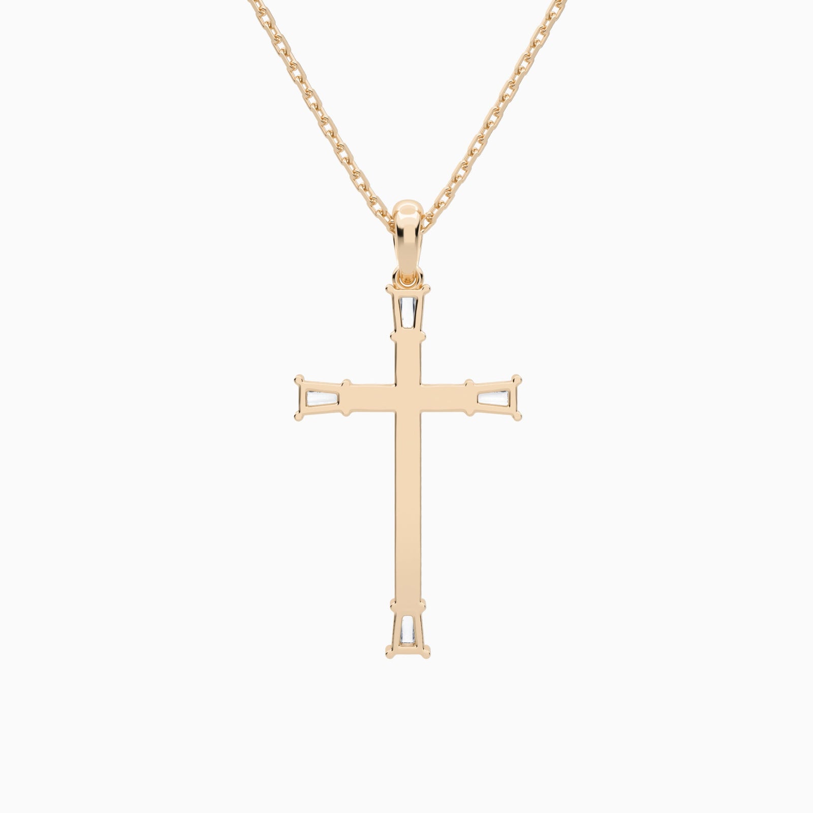 Tapered Baguette and Round Lab Grown Diamond Cross Pendant In 14K Rose Gold - Back View