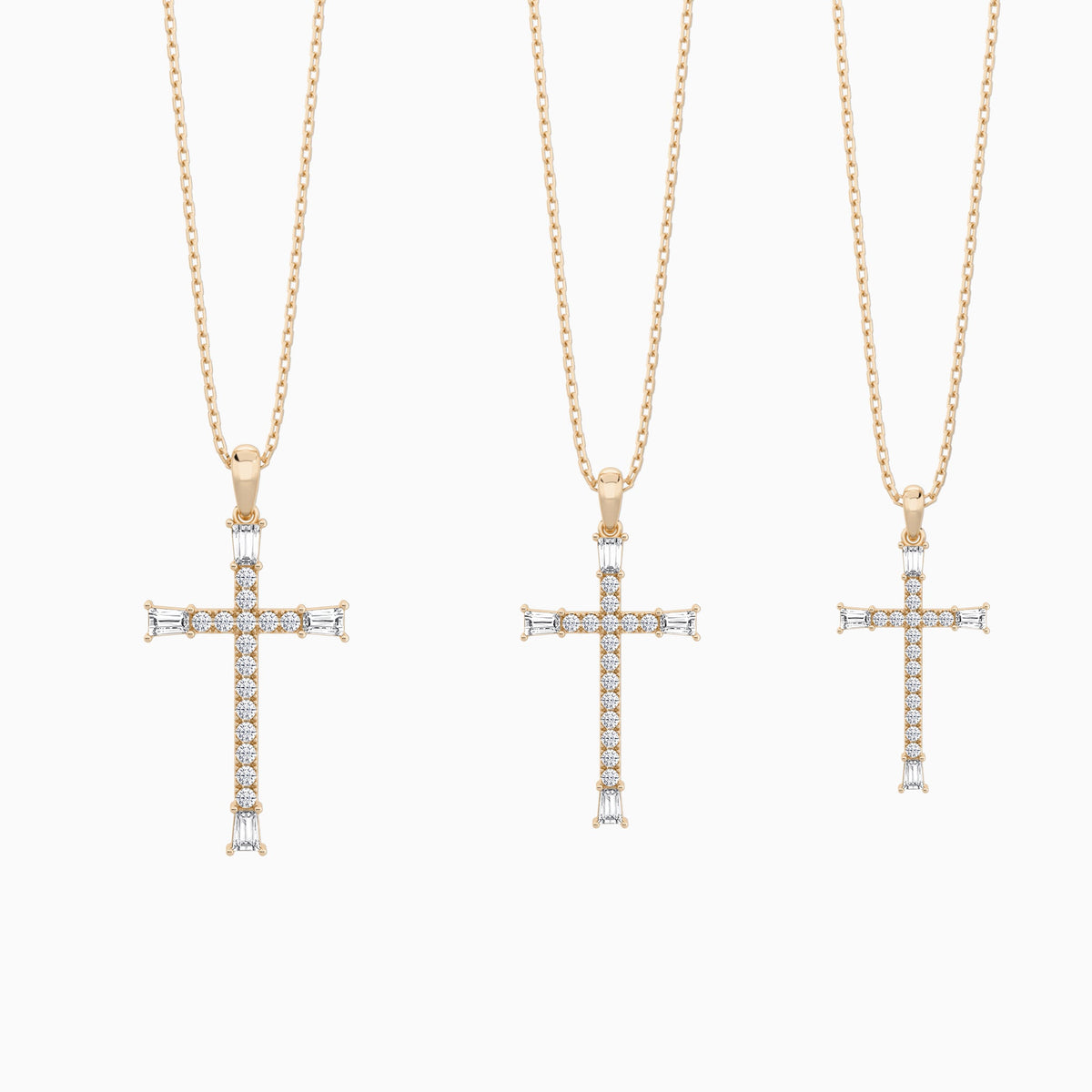 Three Different Size of Tapered Baguette and Round Lab Grown Diamond Cross Pendant