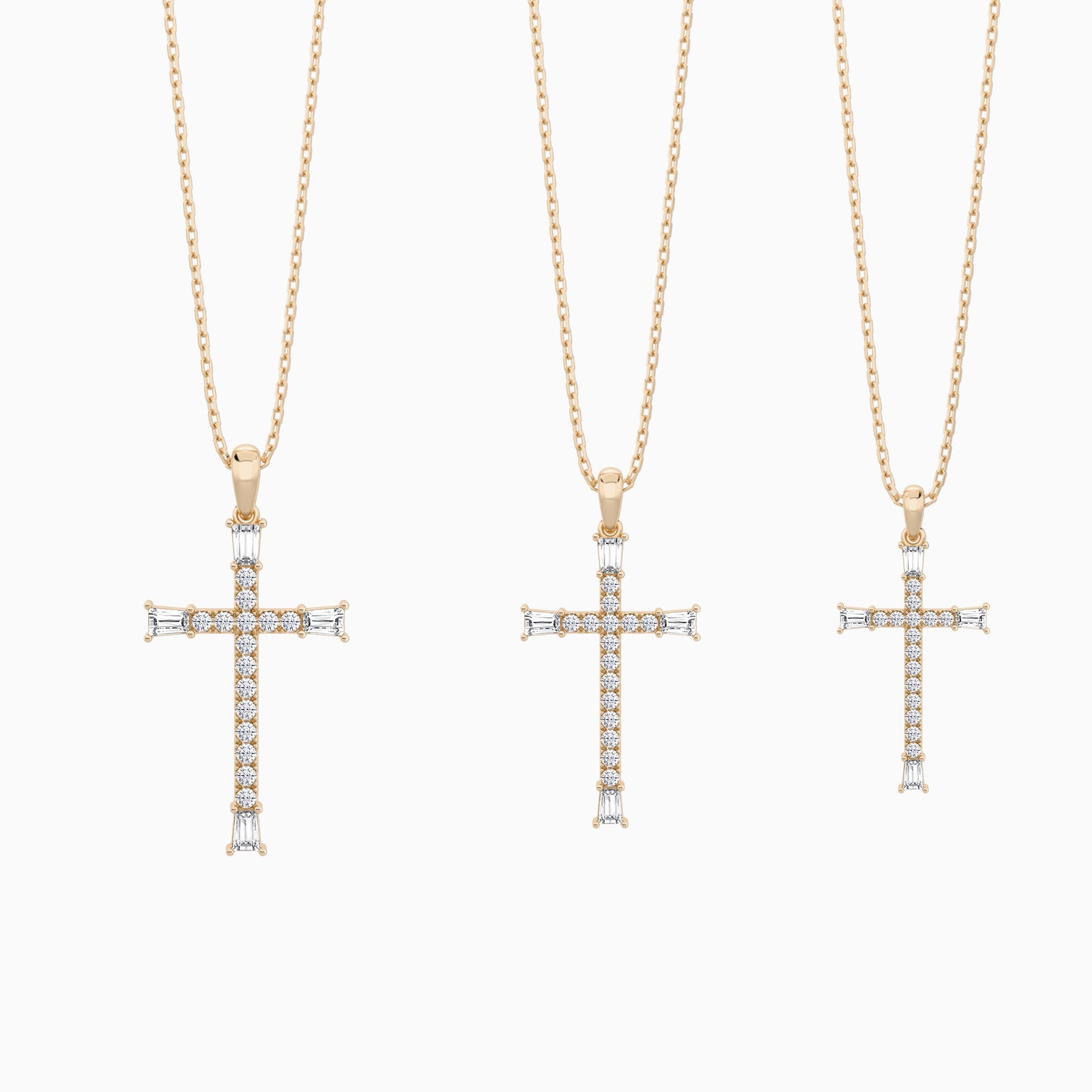 Three Different Size of Tapered Baguette and Round Lab Grown Diamond Cross Pendant