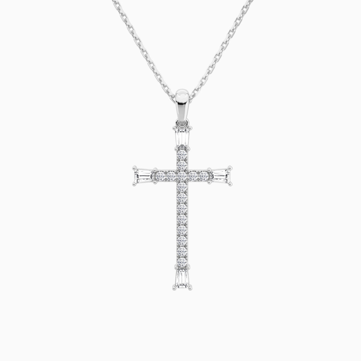 Tapered Baguette and Round Lab Grown Diamond Cross Pendant In 18K White Gold - Lucenjuri
