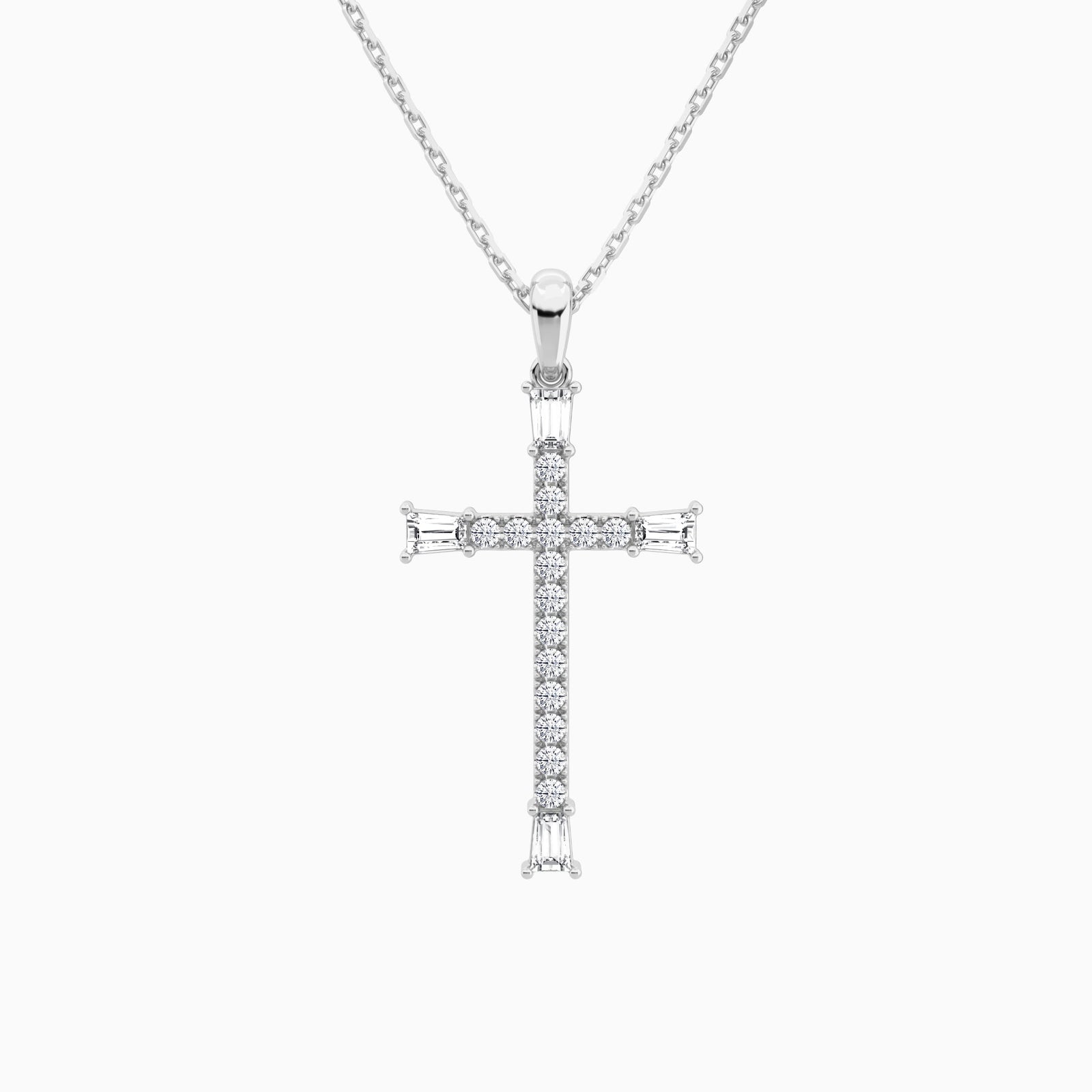 Tapered Baguette and Round Lab Grown Diamond Cross Pendant In 18K White Gold - Lucenjuri