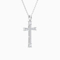 Tapered Baguette and Round Lab Grown Diamond Cross Pendant In 18K White Gold - Front Angle View