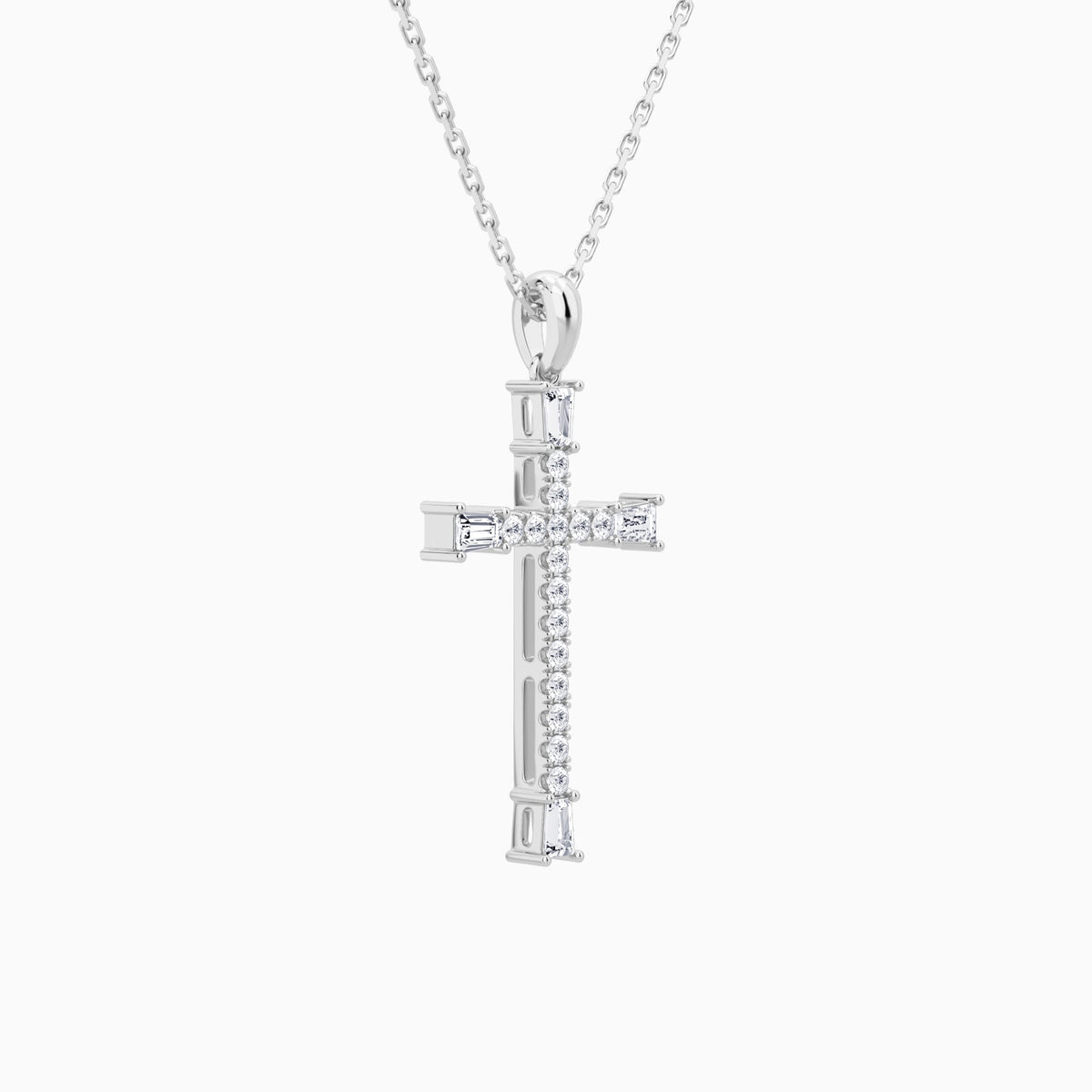 Tapered Baguette and Round Lab Grown Diamond Cross Pendant In 18K White Gold - Front Angle View