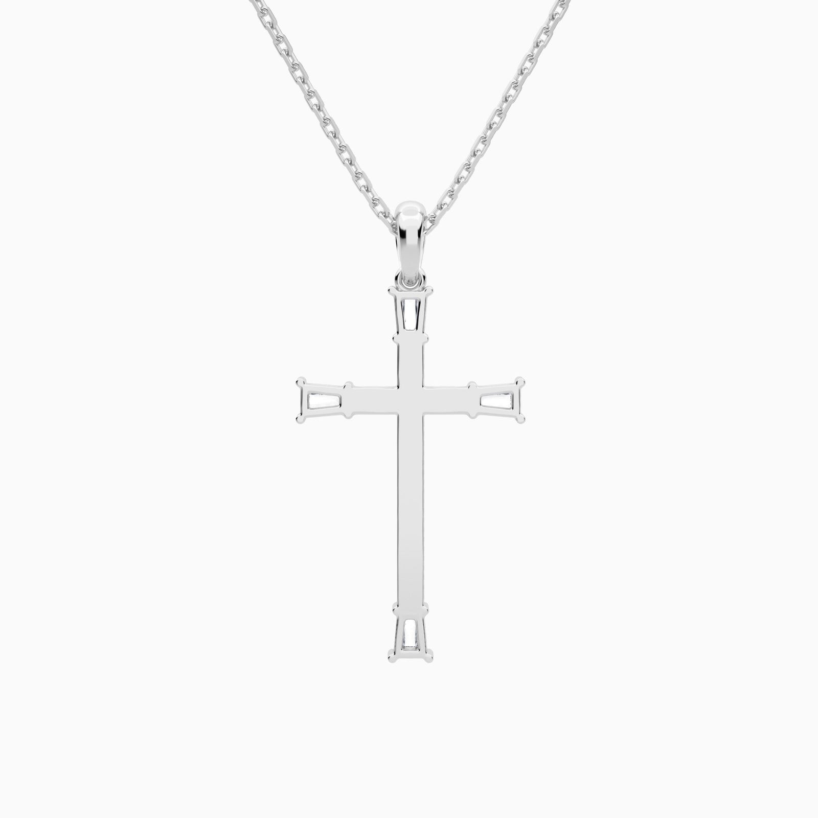 Tapered Baguette and Round Lab Grown Diamond Cross Pendant In 18K White Gold - Back View