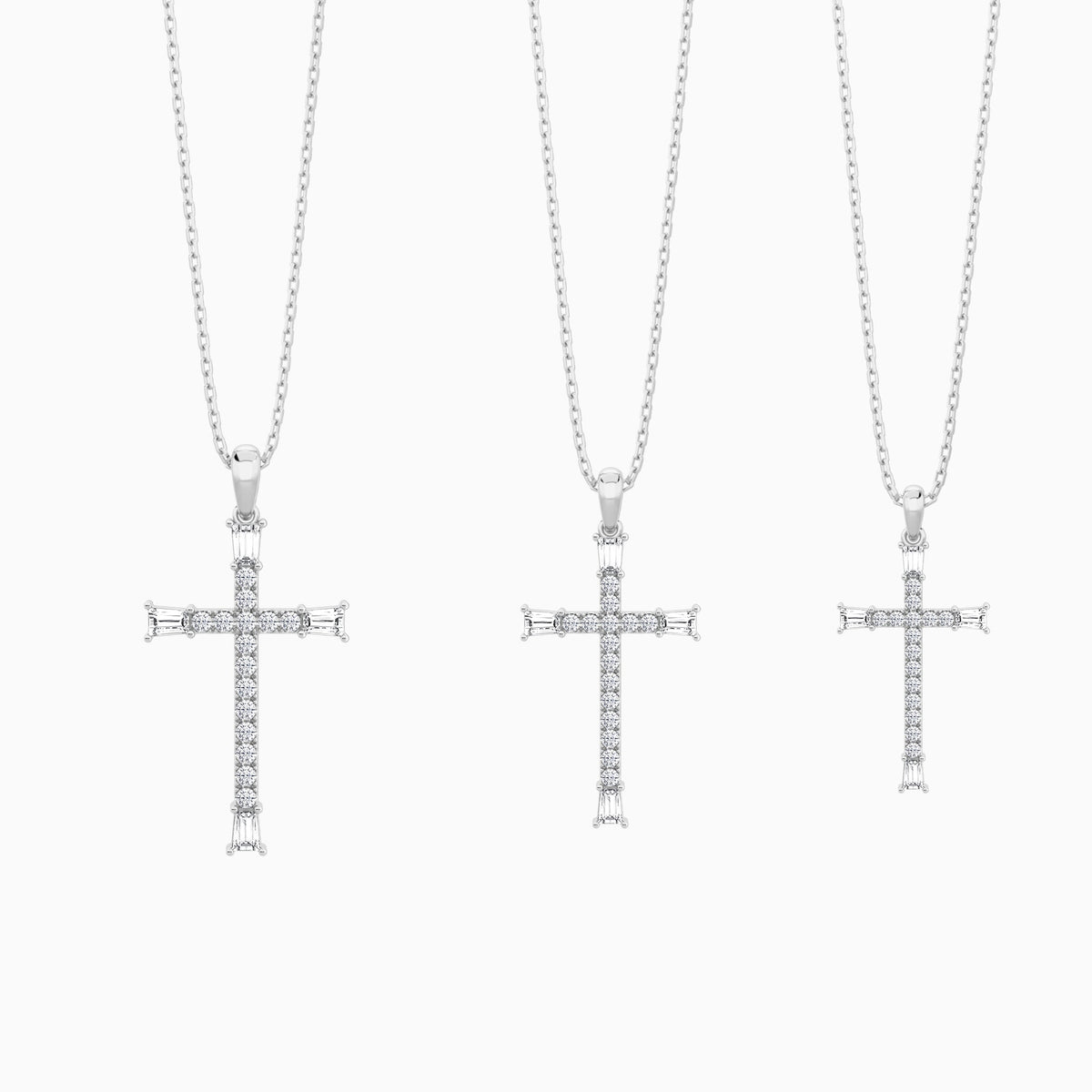Three Different Size of Tapered Baguette and Round Lab Grown Diamond Cross Pendant