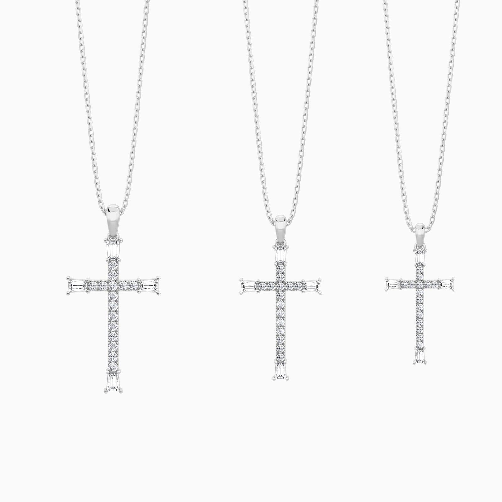 Three Different Size of Tapered Baguette and Round Lab Grown Diamond Cross Pendant