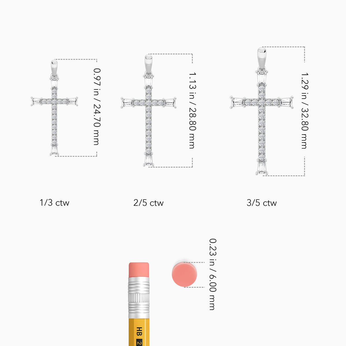 Tapered Baguette and Round Lab Grown Diamond Cross Pendant In 18K White Gold - Size Comparison