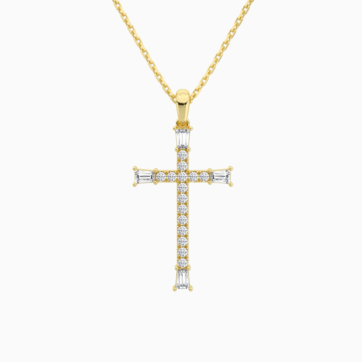 Tapered Baguette and Round Lab Grown Diamond Cross Pendant In 14K Yellow Gold - Lucenjuri