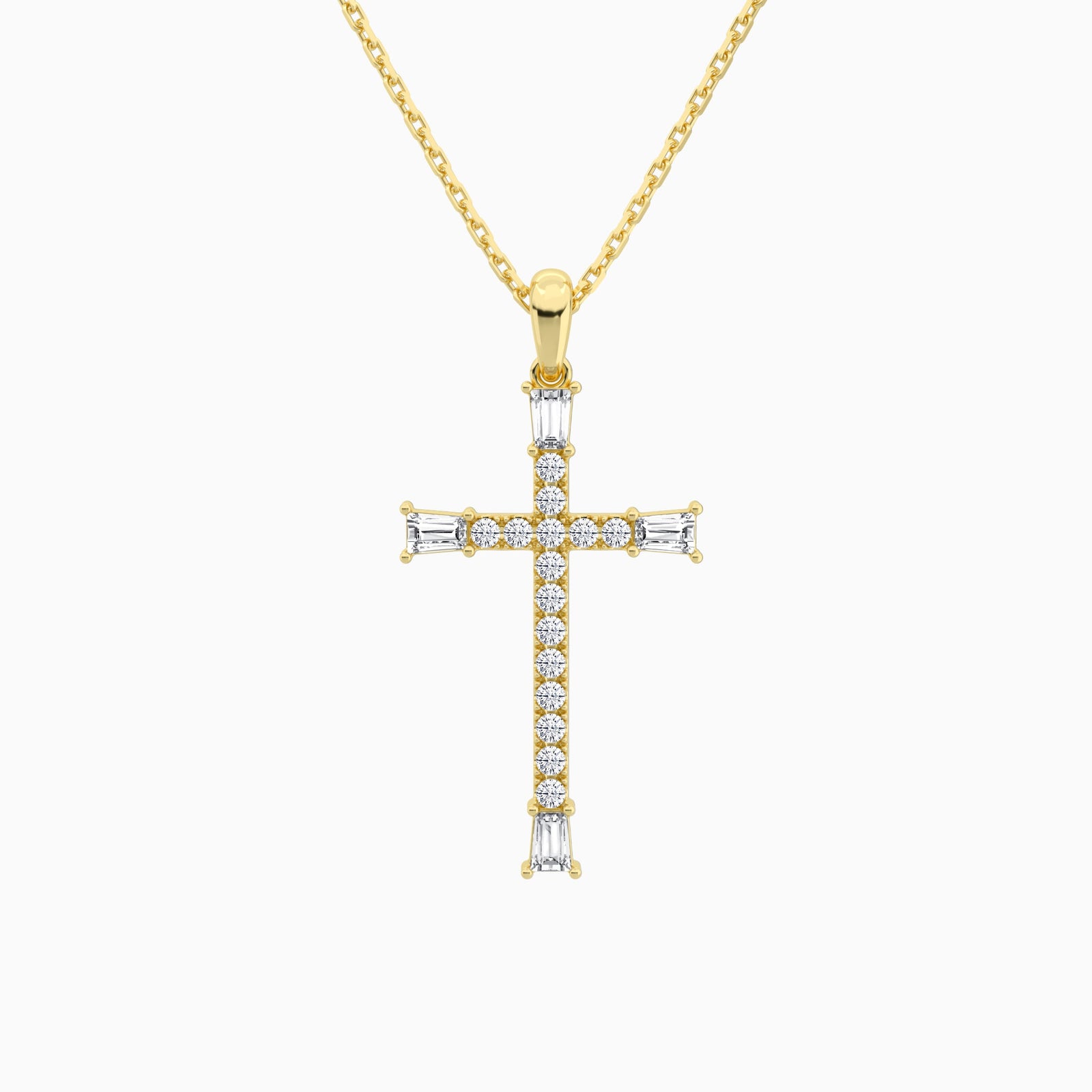 Tapered Baguette and Round Lab Grown Diamond Cross Pendant In 14K Yellow Gold - Lucenjuri