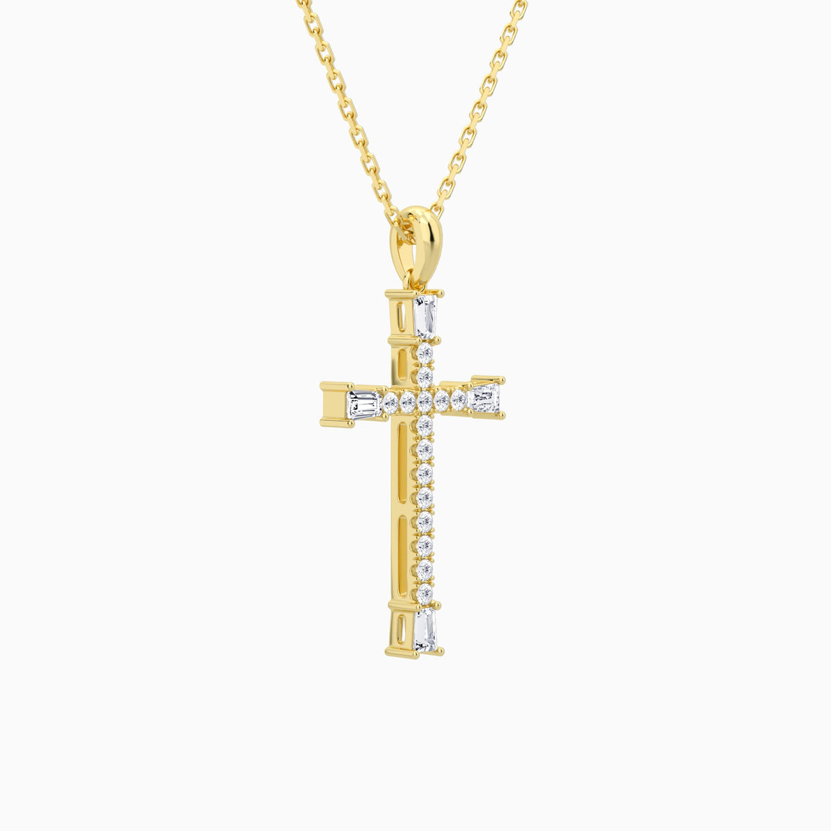 Tapered Baguette and Round Lab Grown Diamond Cross Pendant In 14K Yellow Gold - Front Angle View