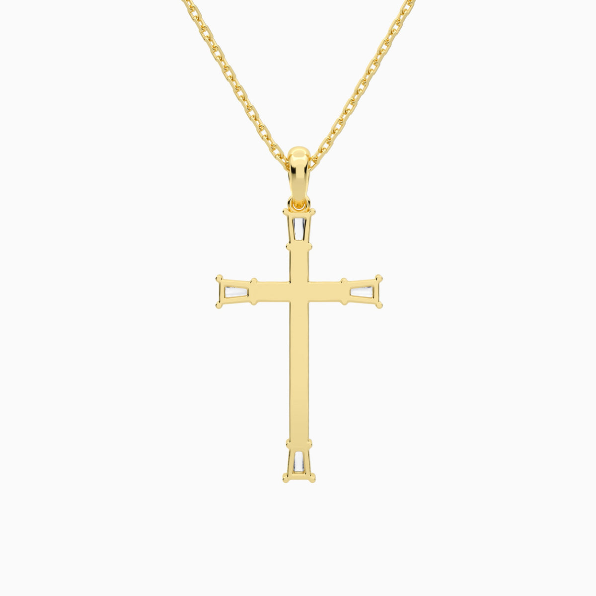 Tapered Baguette and Round Lab Grown Diamond Cross Pendant In 18K Yellow Gold - Back View