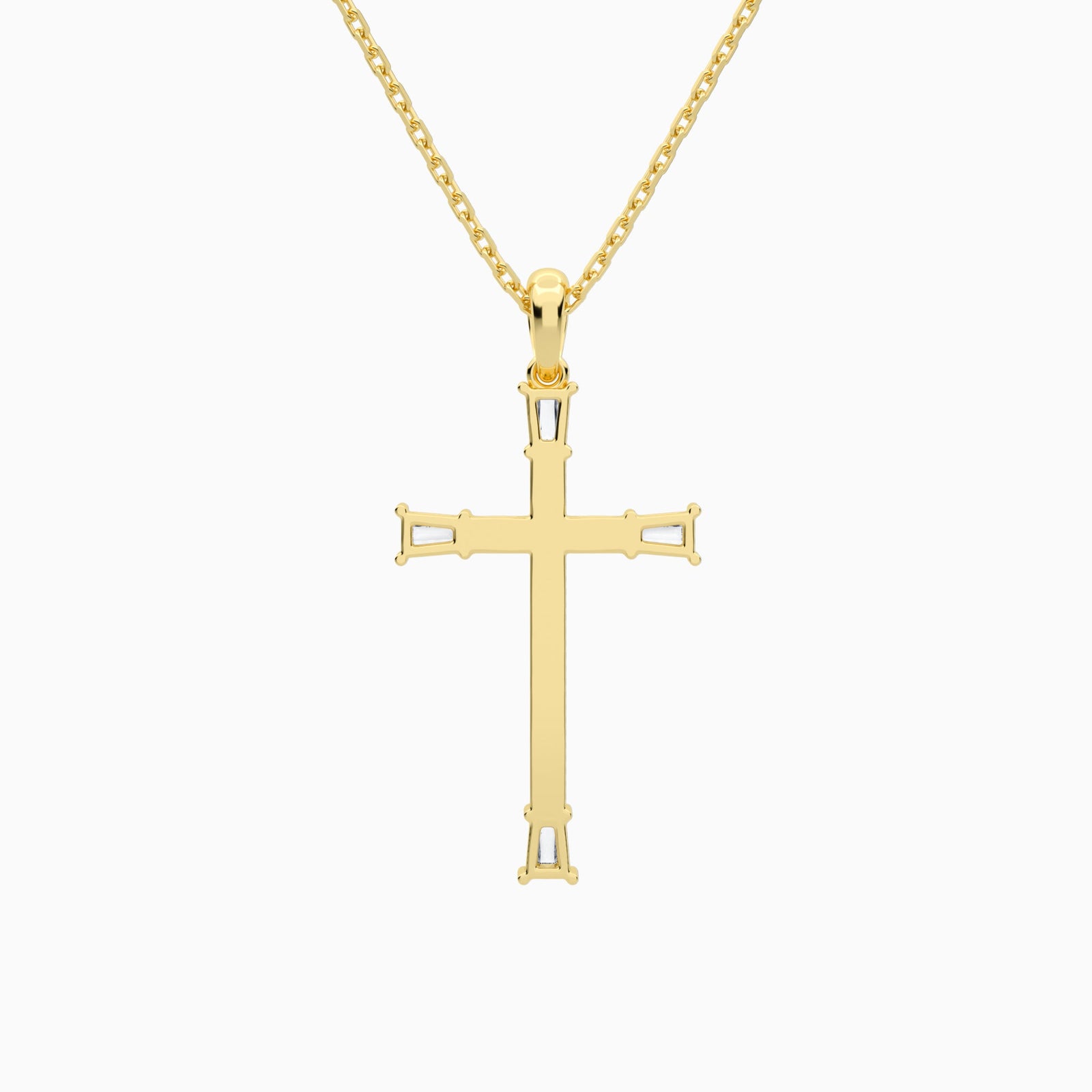 Tapered Baguette and Round Lab Grown Diamond Cross Pendant In 14K Yellow Gold - Back View