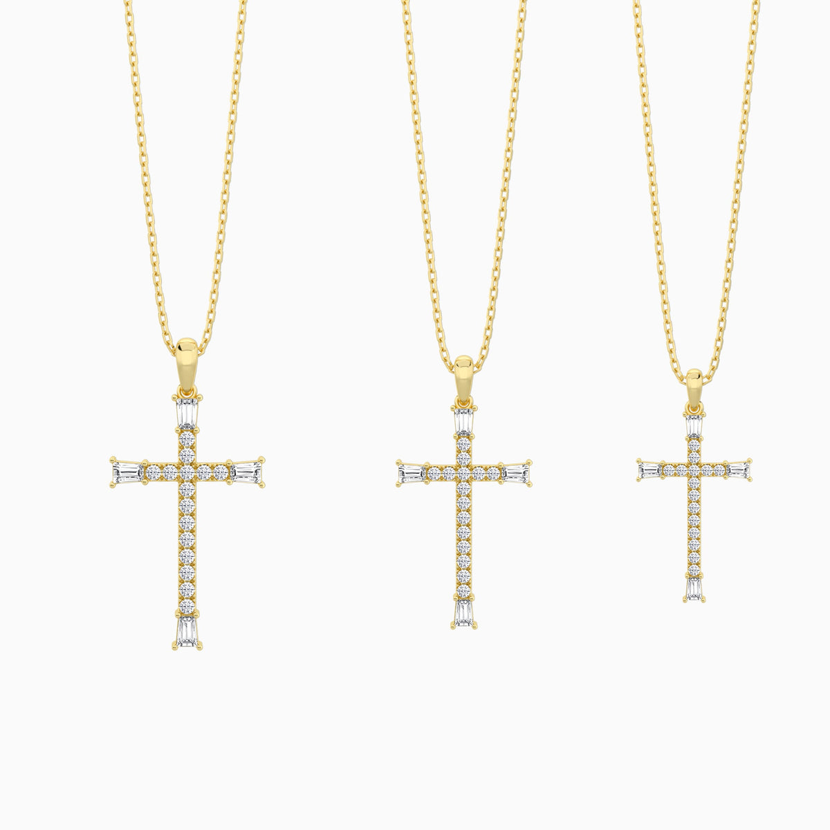 Three Different Size of Tapered Baguette and Round Lab Grown Diamond Cross Pendant