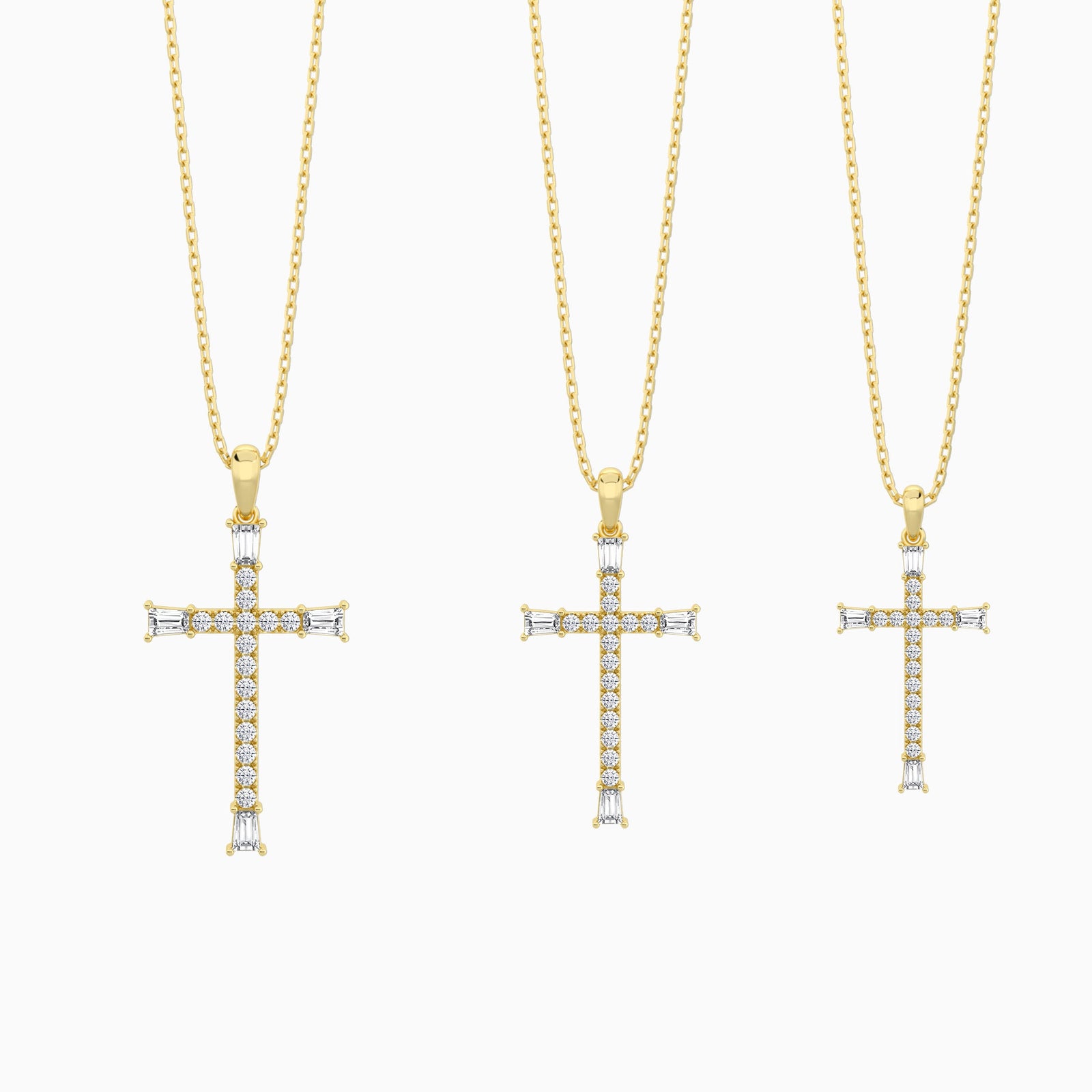 Three Different Size of Tapered Baguette and Round Lab Grown Diamond Cross Pendant