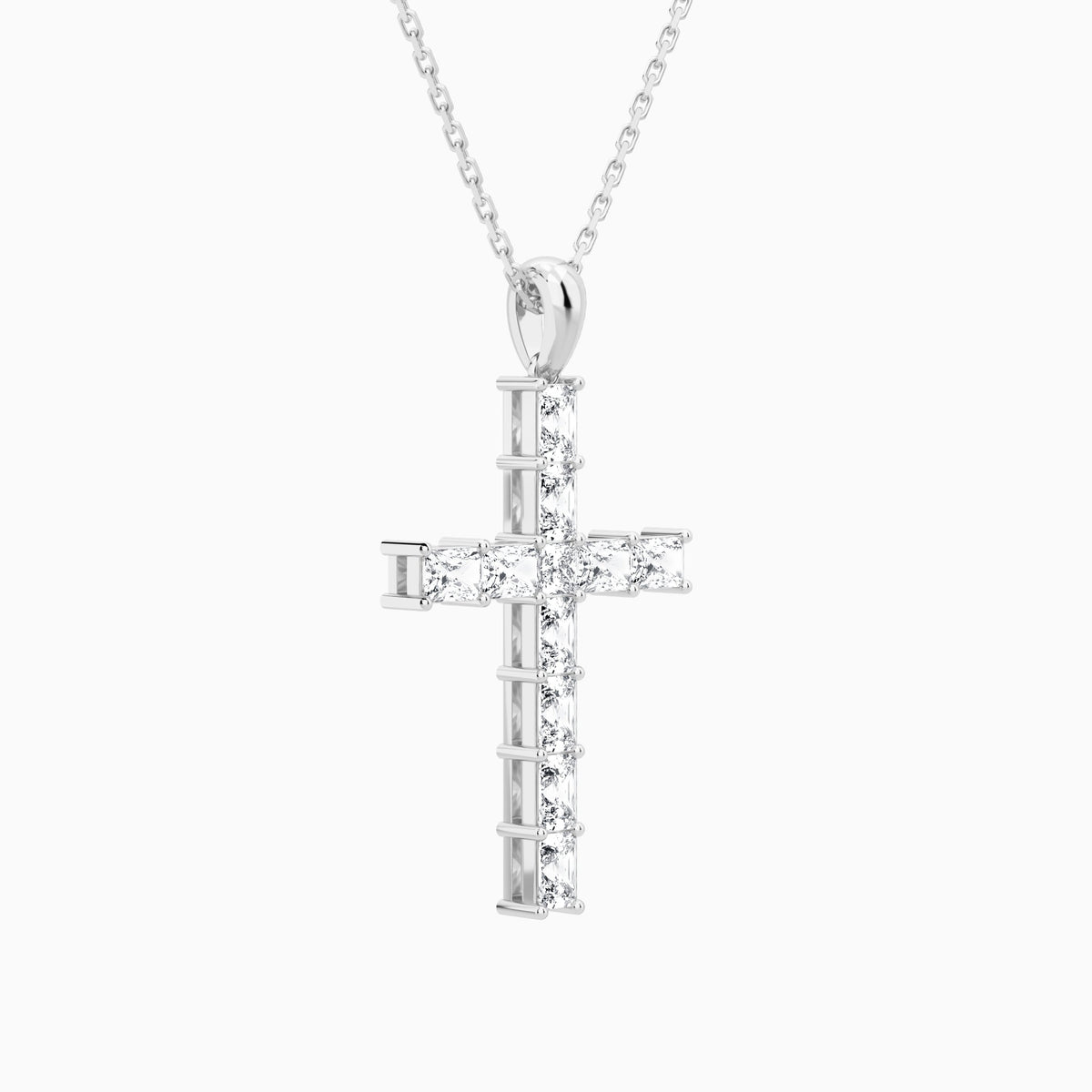Mixed Radiant Lab Grown Diamond Cross Pendant Necklace In 14K White Gold - Front Angle View