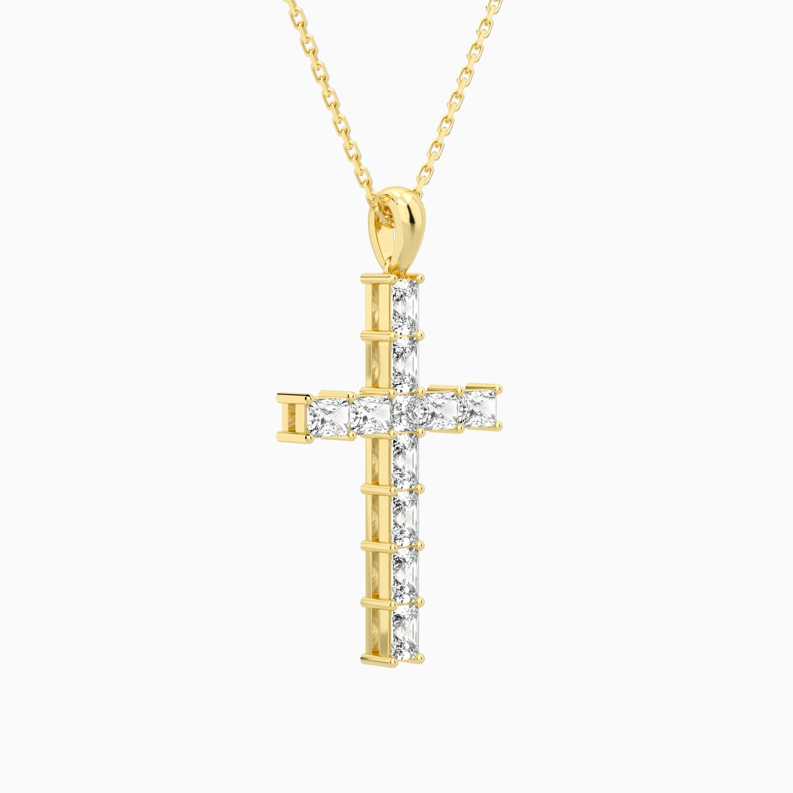 Mixed Radiant Lab Grown Diamond Cross Pendant Necklace In 14K Yellow Gold - Front Angle View