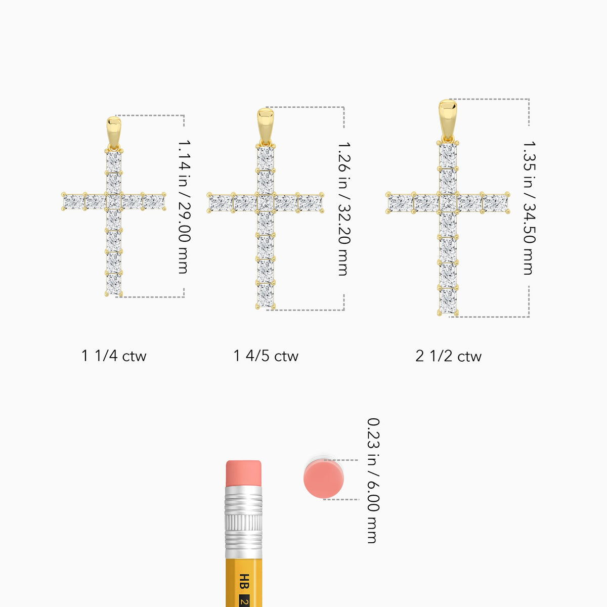 Mixed Radiant Lab Grown Diamond Cross Pendant Necklace In 14K Yellow Gold - Size Comparison