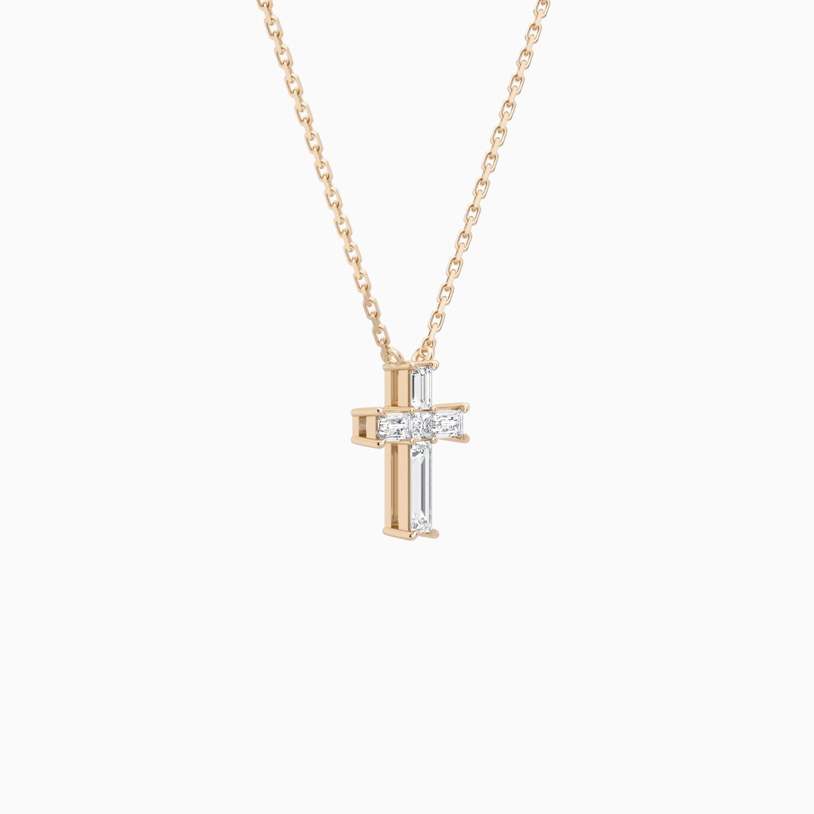 Baguette and Princess Lab Grown Diamond Cross Pendant Necklace In 14K Rose Gold - Front Angle View