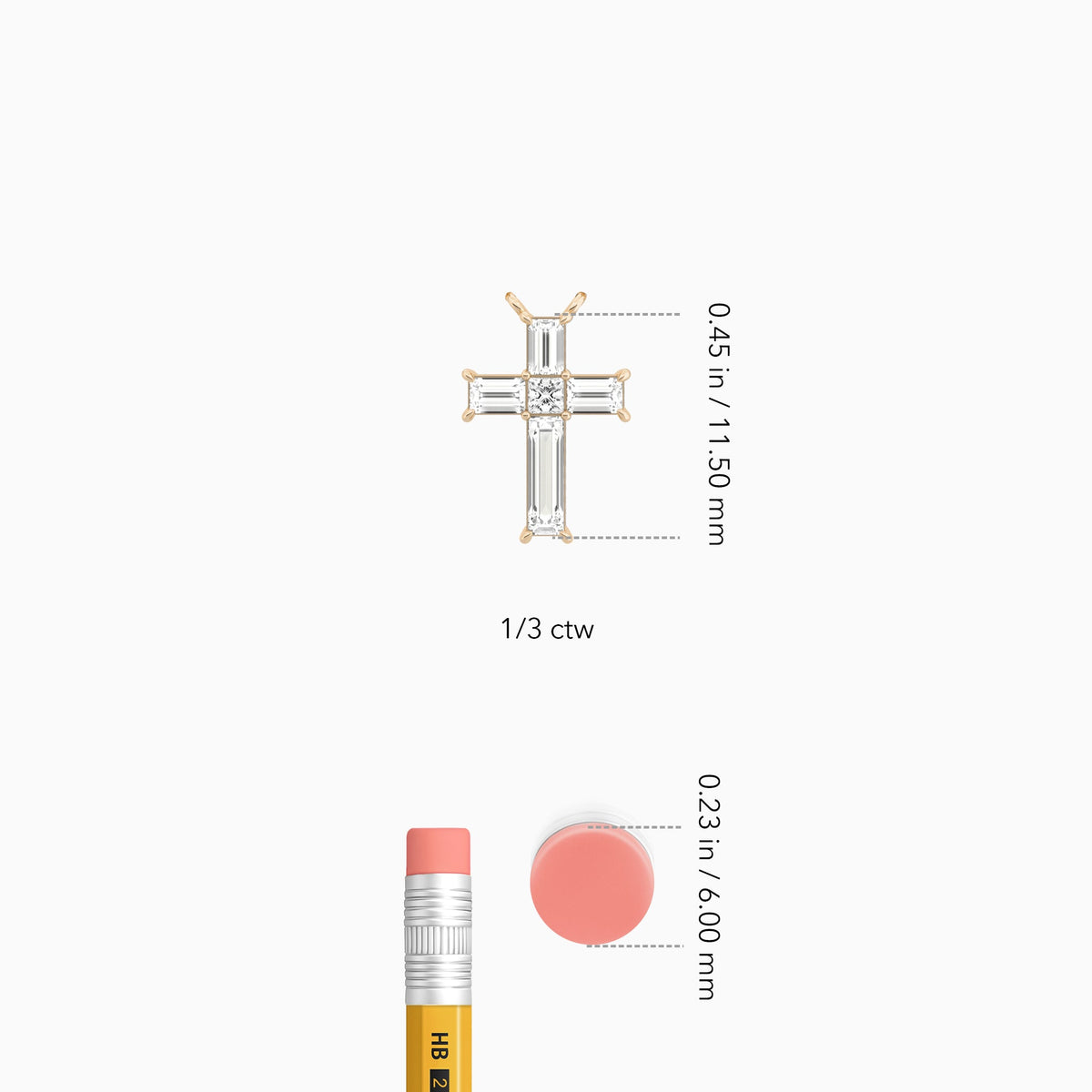 Baguette and Princess Lab Grown Diamond Cross Pendant Necklace In 14K Rose Gold - Size Comparison