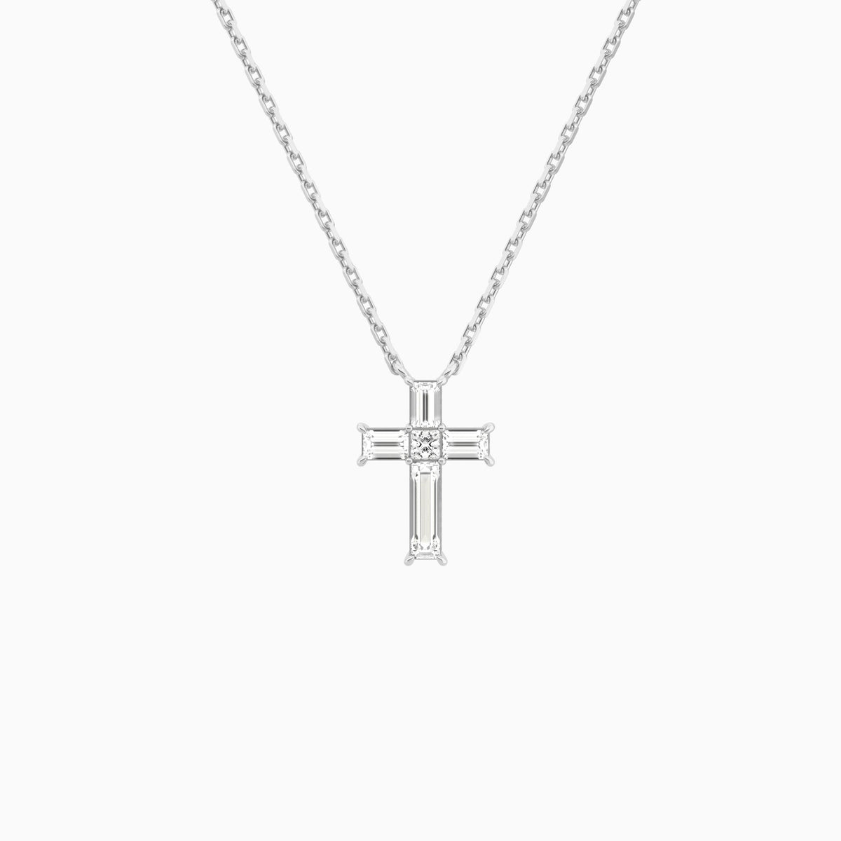 Baguette and Princess Lab Grown Diamond Cross Pendant Necklace In 14K White Gold - Lucenjuri