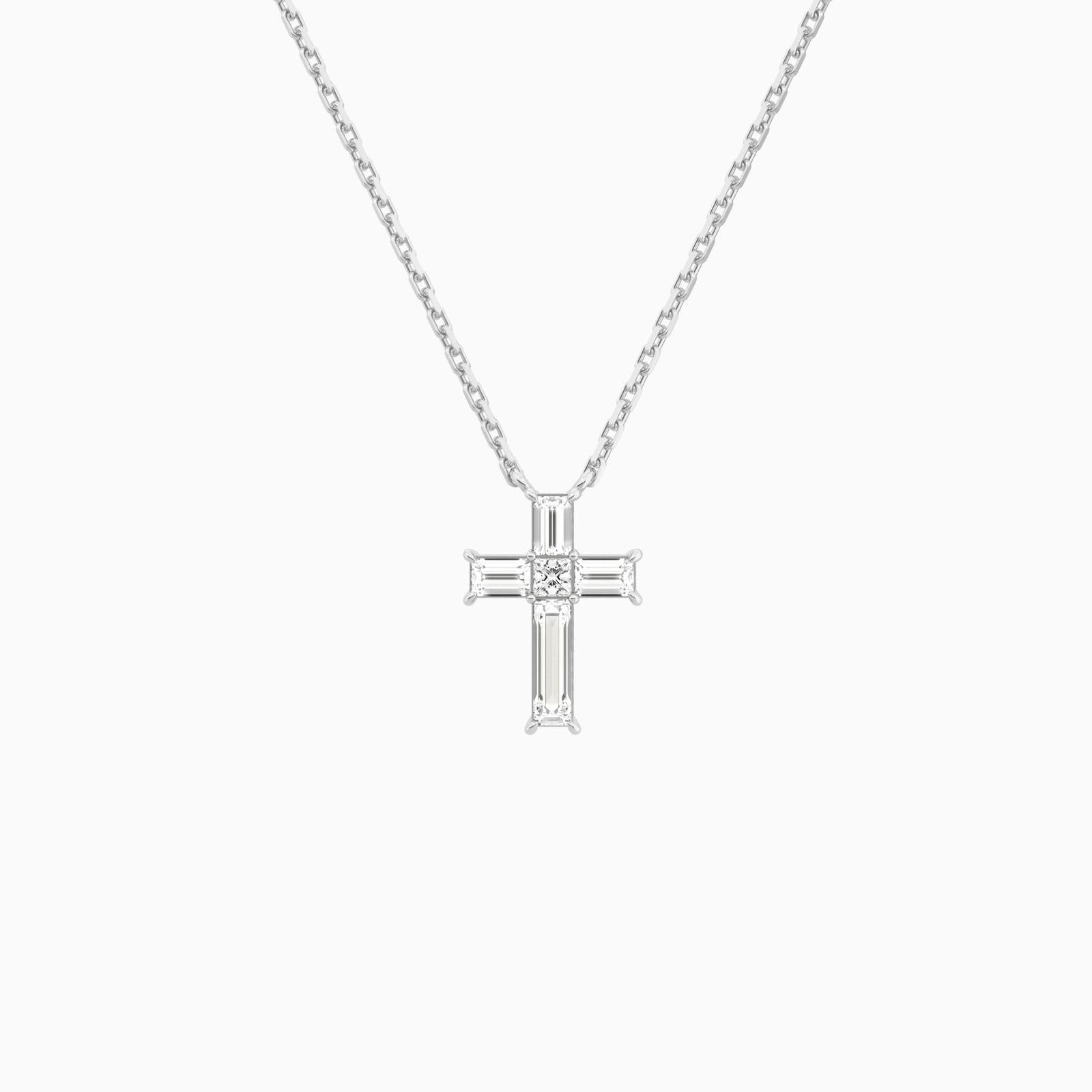 Baguette and Princess Lab Grown Diamond Cross Pendant Necklace In 14K White Gold - Lucenjuri