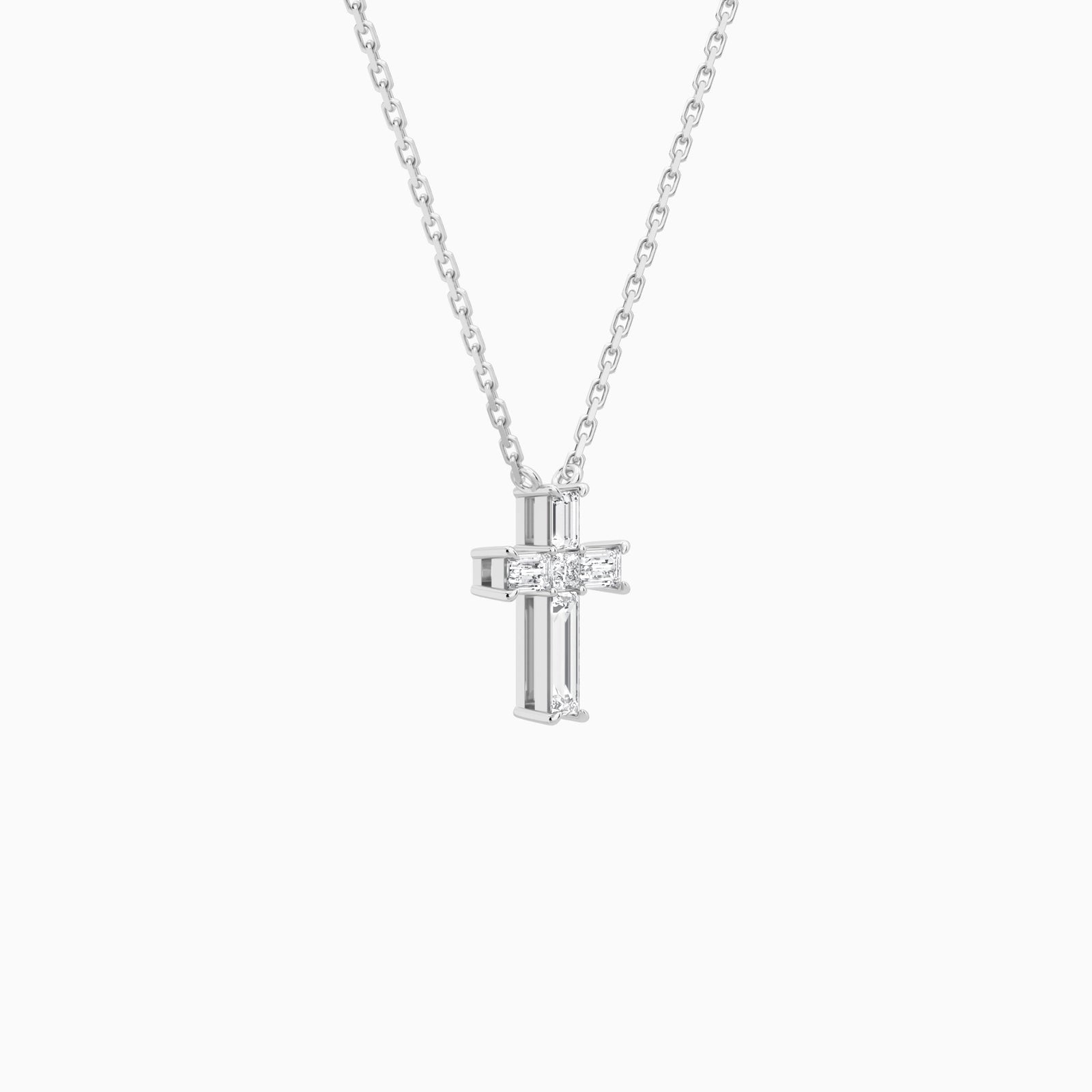 Baguette and Princess Lab Grown Diamond Cross Pendant Necklace In 14K White Gold - Front Angle View