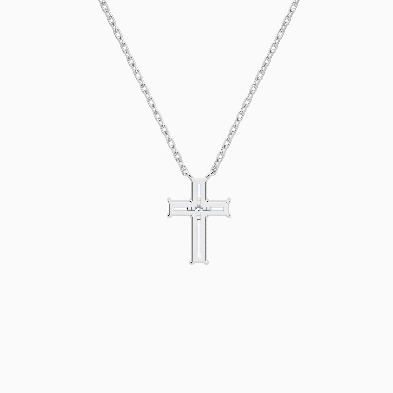 Baguette and Princess Lab Grown Diamond Cross Pendant Necklace In 14K White Gold - Back View