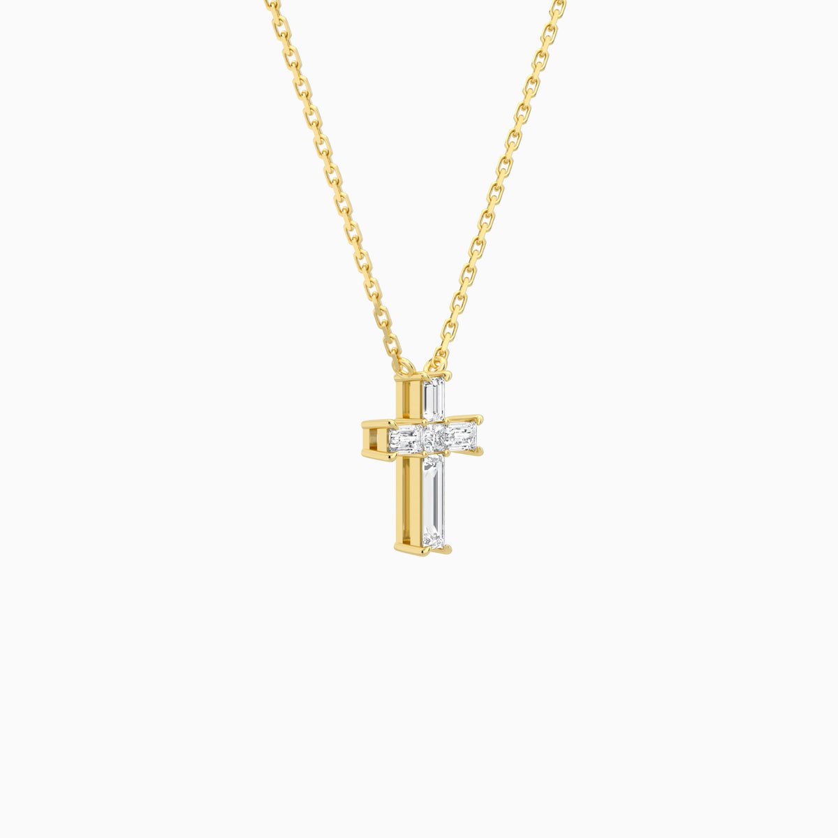 Baguette and Princess Lab Grown Diamond Cross Pendant Necklace In 18K Yellow Gold - Front Angle View