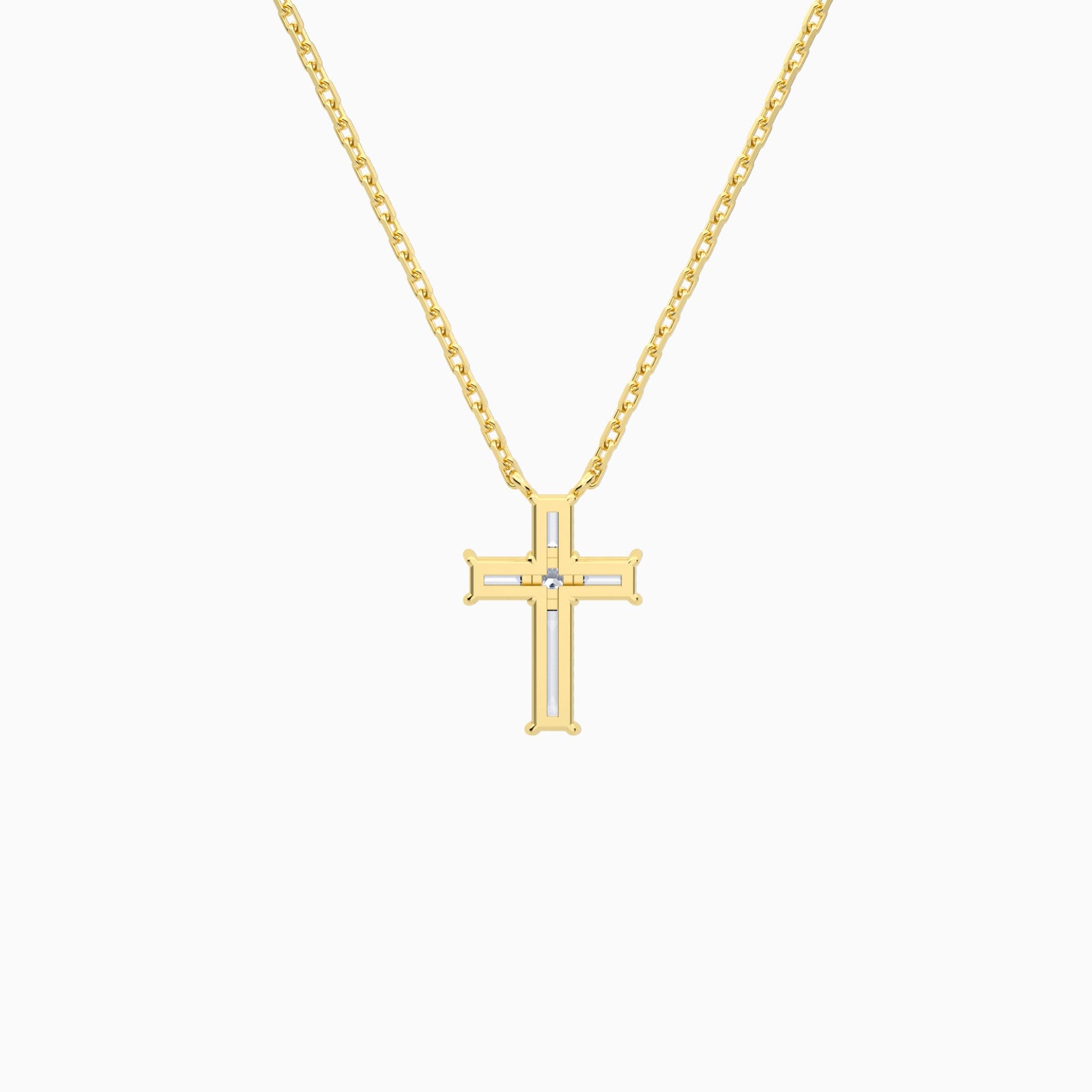 Baguette and Princess Lab Grown Diamond Cross Pendant Necklace In 18K Yellow Gold - Back View