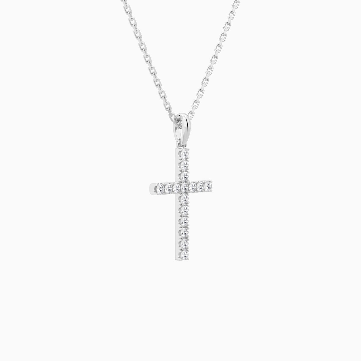 Classic Round Lab Grown Diamond Cross Pendant Necklace In 14K White Gold - Front Angle View