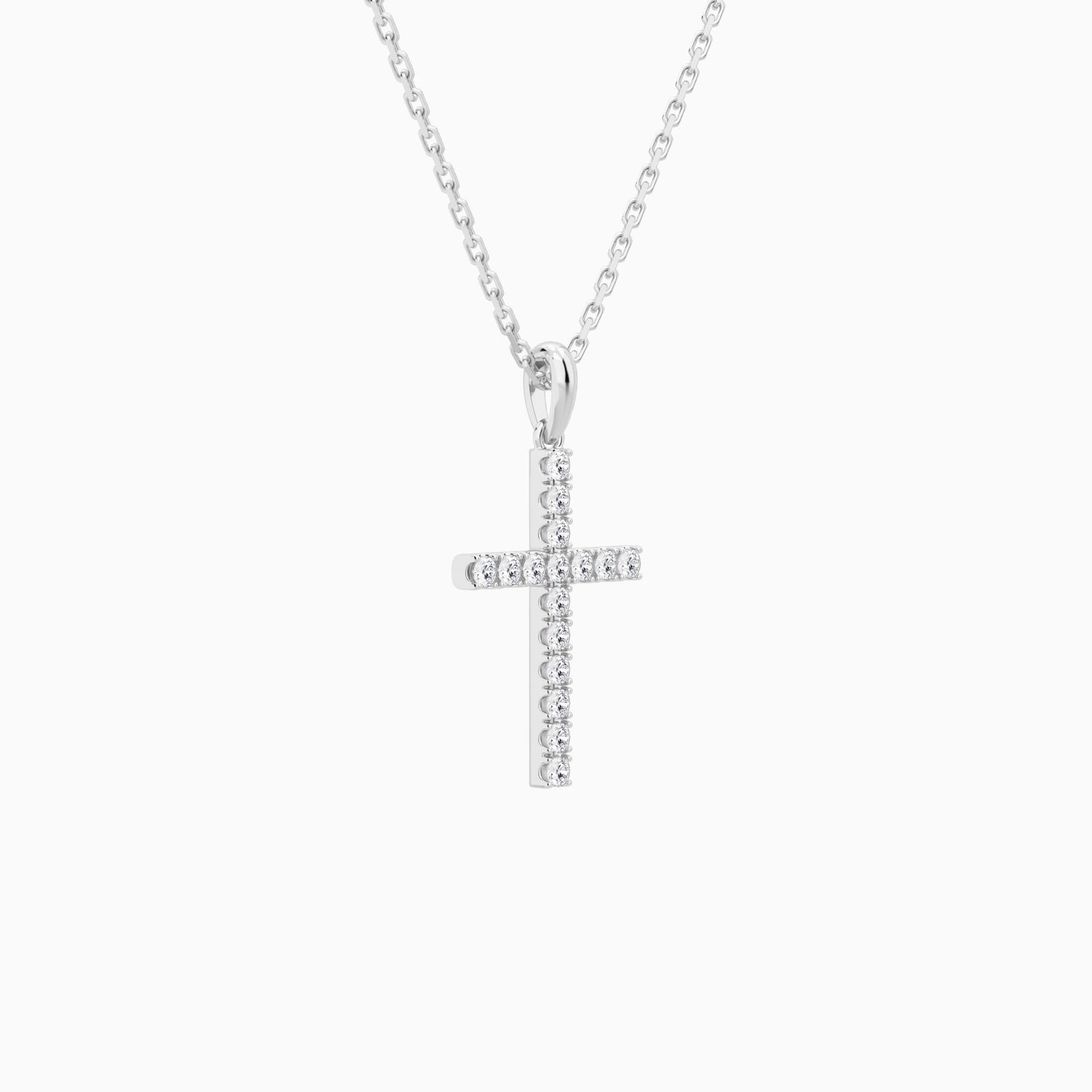 Classic Round Lab Grown Diamond Cross Pendant Necklace In 14K White Gold - Front Angle View