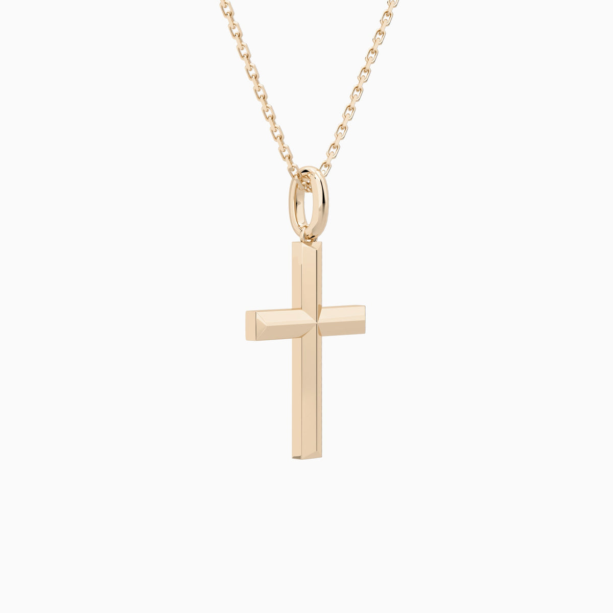 Beveled Edge Polished Cross Pendant Necklace In 14K Rose Gold - Front Angle View
