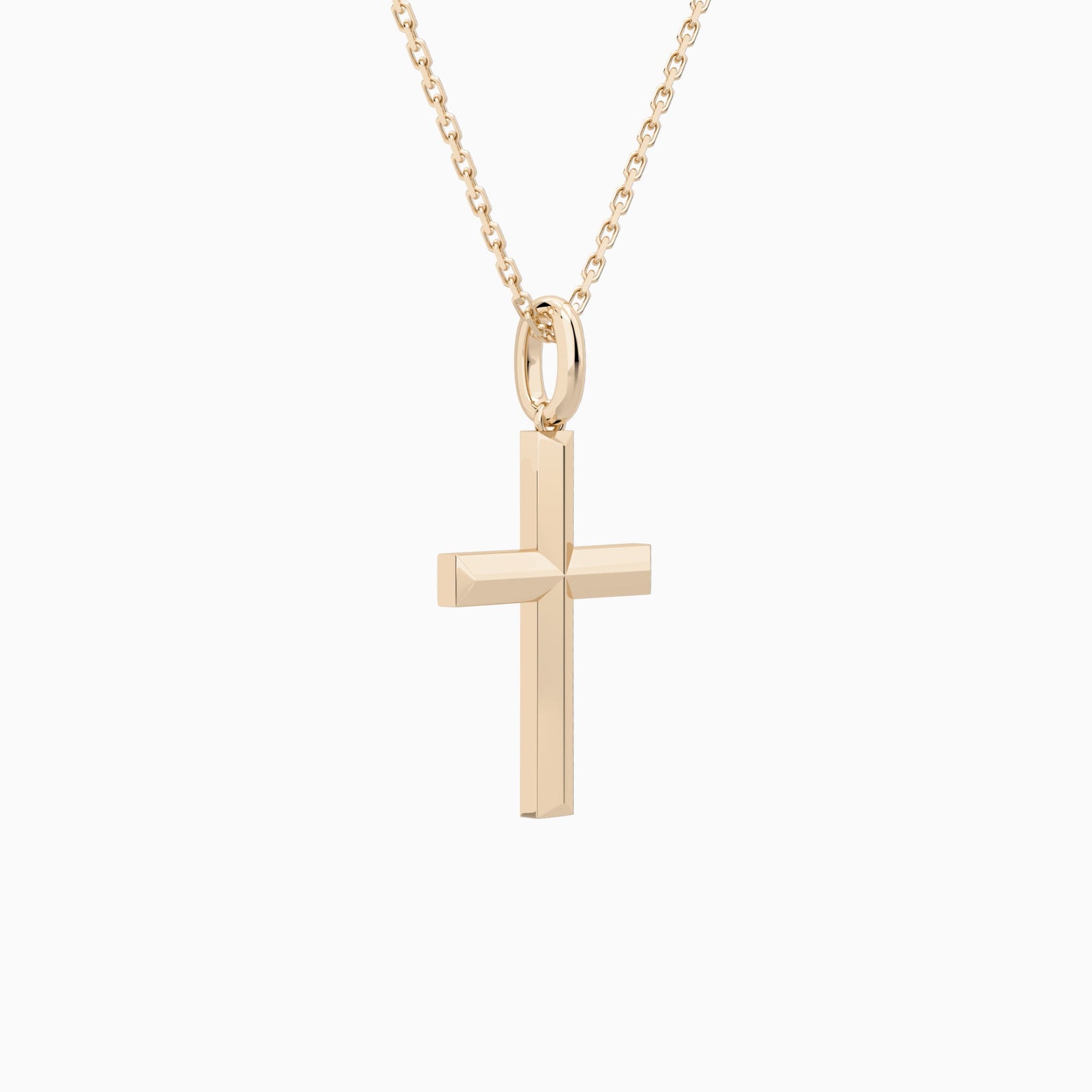 Beveled Edge Polished Cross Pendant Necklace In 14K Rose Gold - Front Angle View