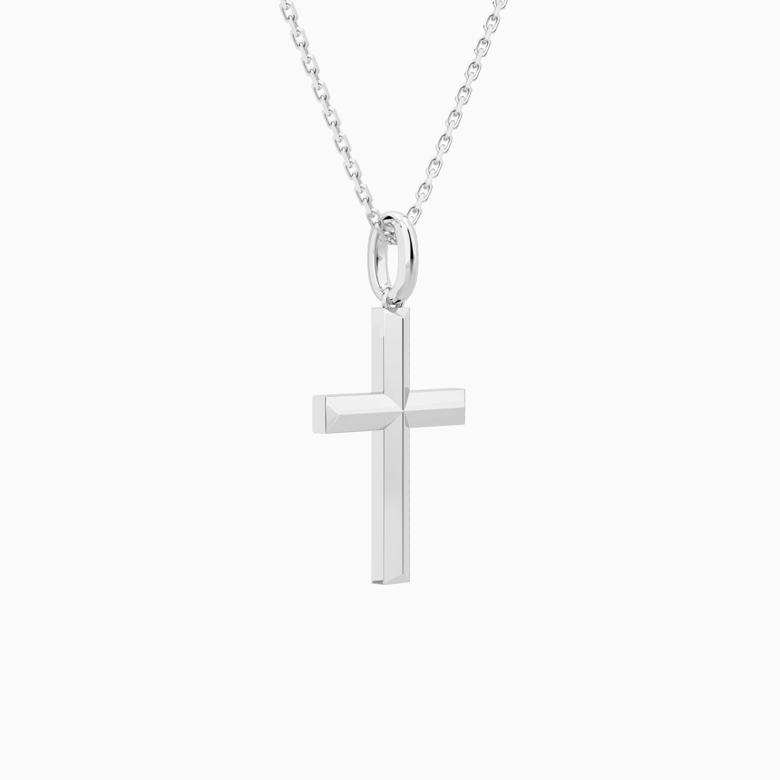 Beveled Edge Polished Cross Pendant Necklace In 14K White Gold - Front Angle View