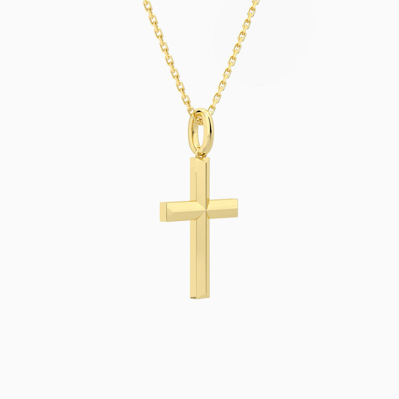 Beveled Edge Polished Cross Pendant Necklace In 14K Yellow Gold - Front Angle View