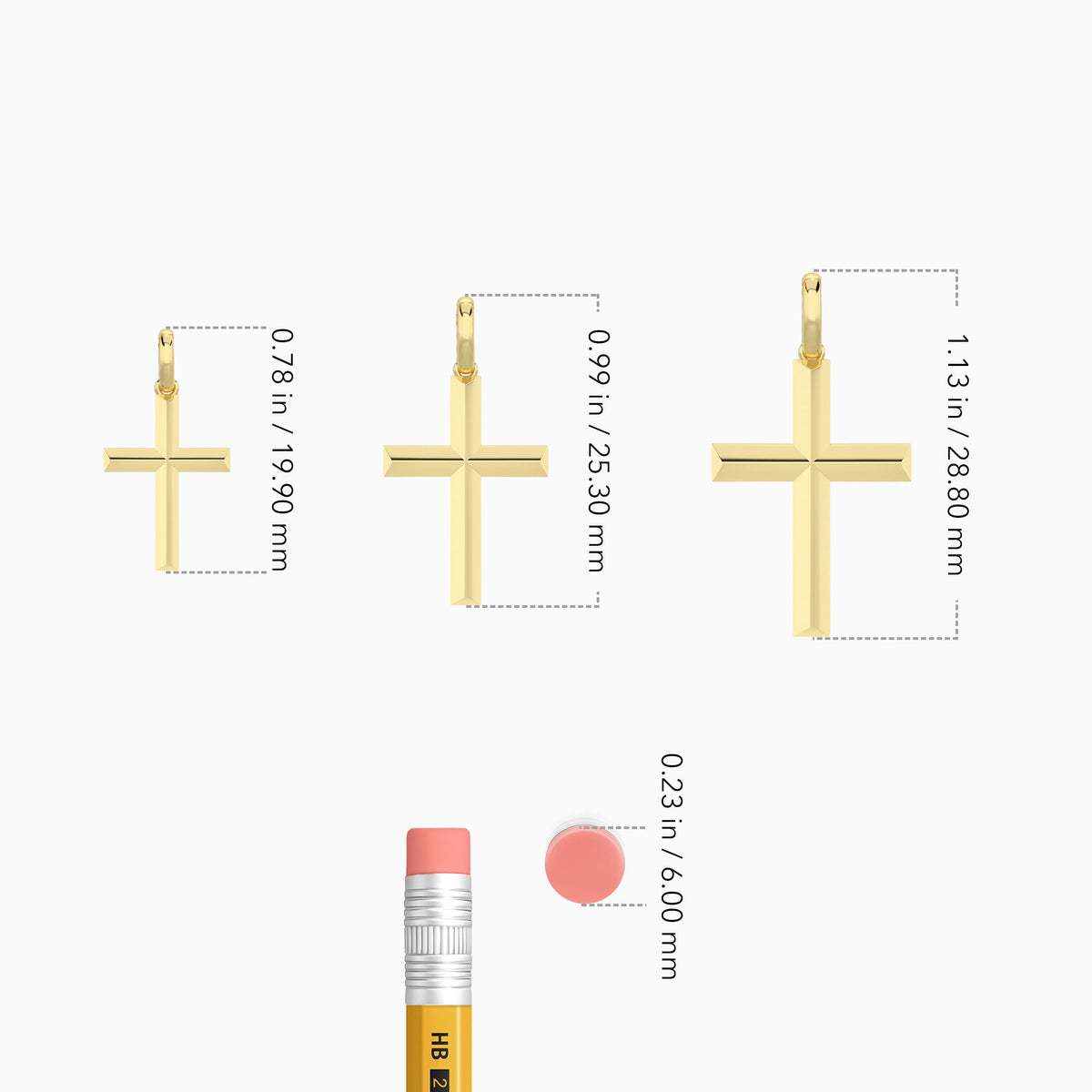 Beveled Edge Polished Cross Pendant Necklace In 14K Yellow Gold - Size Comparison