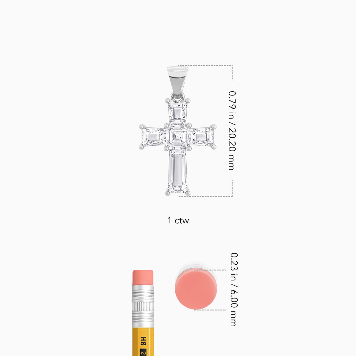 Tapered Baguette and Asscher Lab Grown Diamond Cross Pendant In Platinum - Size Comparison