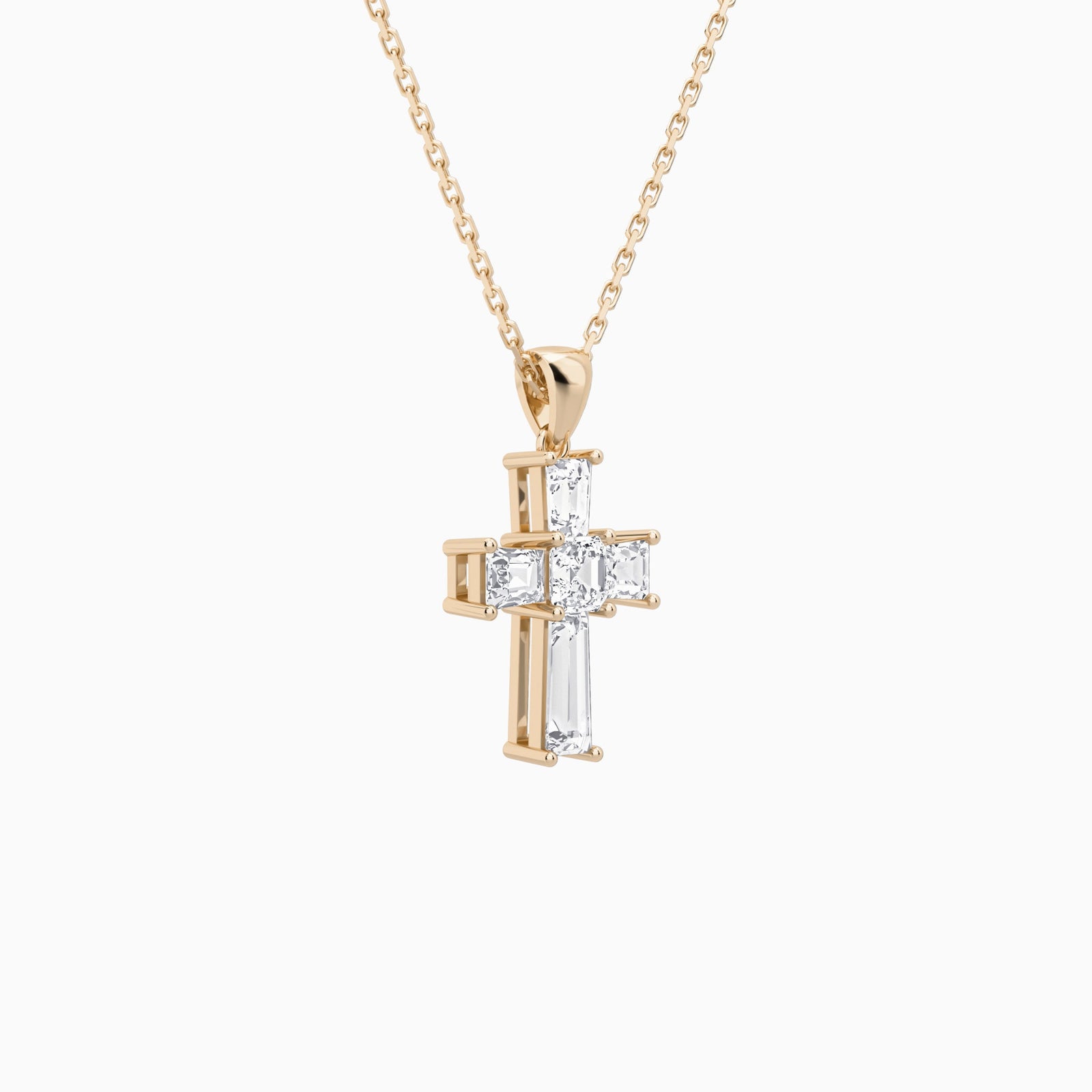 Tapered Baguette and Asscher Lab Grown Diamond Cross Pendant In 14K Rose Gold - Front Angle View