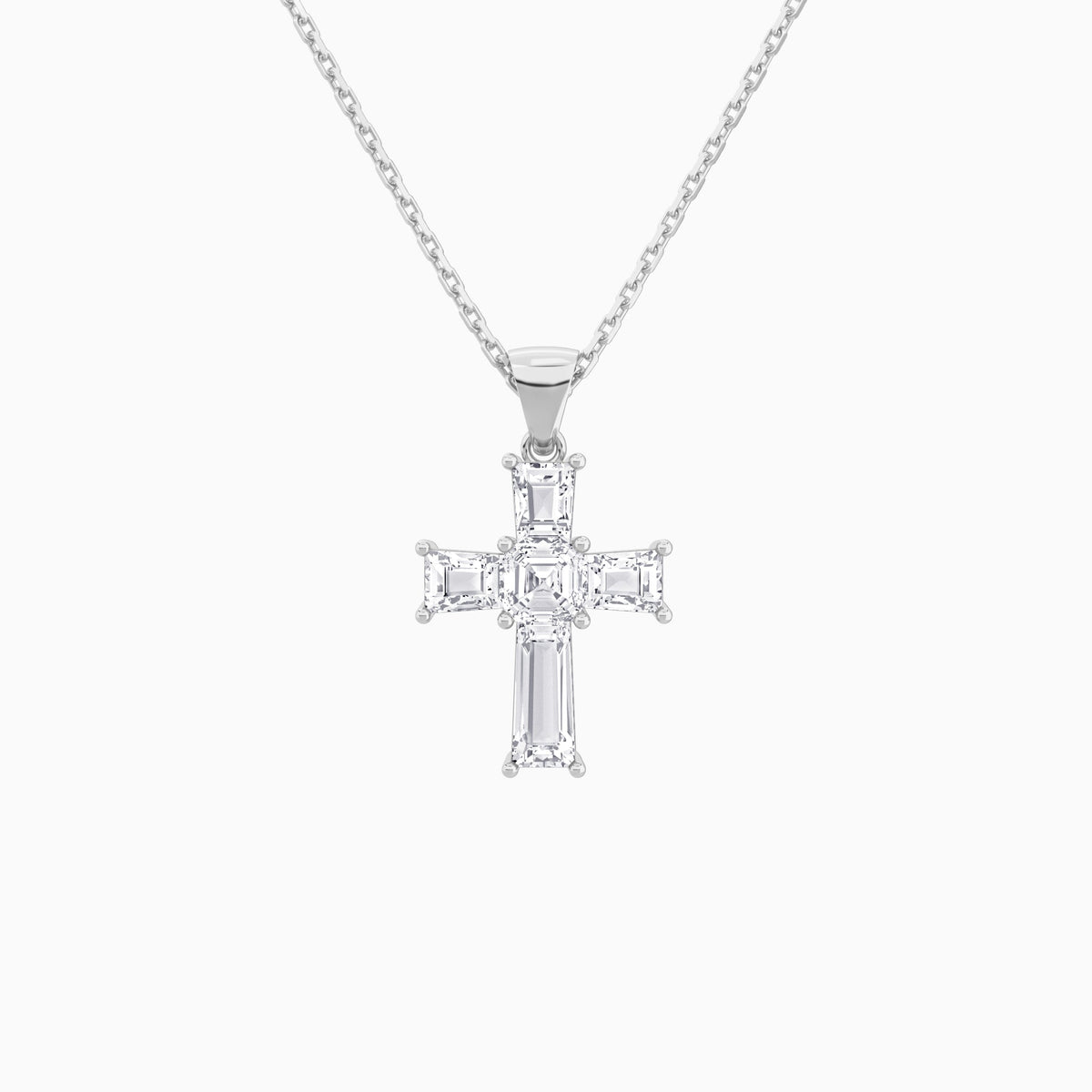 Tapered Baguette and Asscher Lab Grown Diamond Cross Pendant In 14K White Gold - Lucenjuri